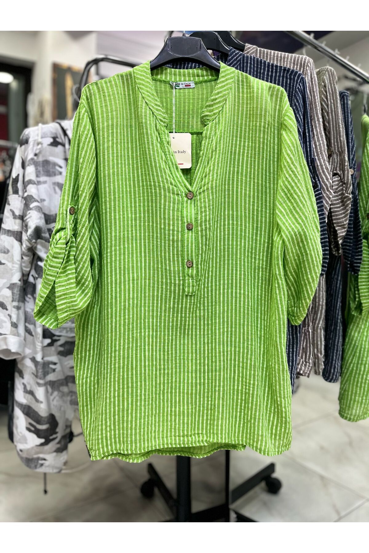 CELTMODA Kadın Çizgi Desenli İtalyan Pamuklu Bluz - Yeşil
