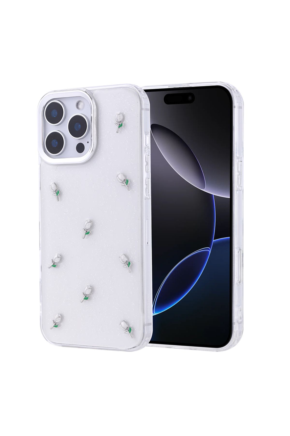 Novatis İphone 15 Pro Uyumlu Kılıf Desenli Simli Kabartmalı 3D Kamera Korumalı Kapak