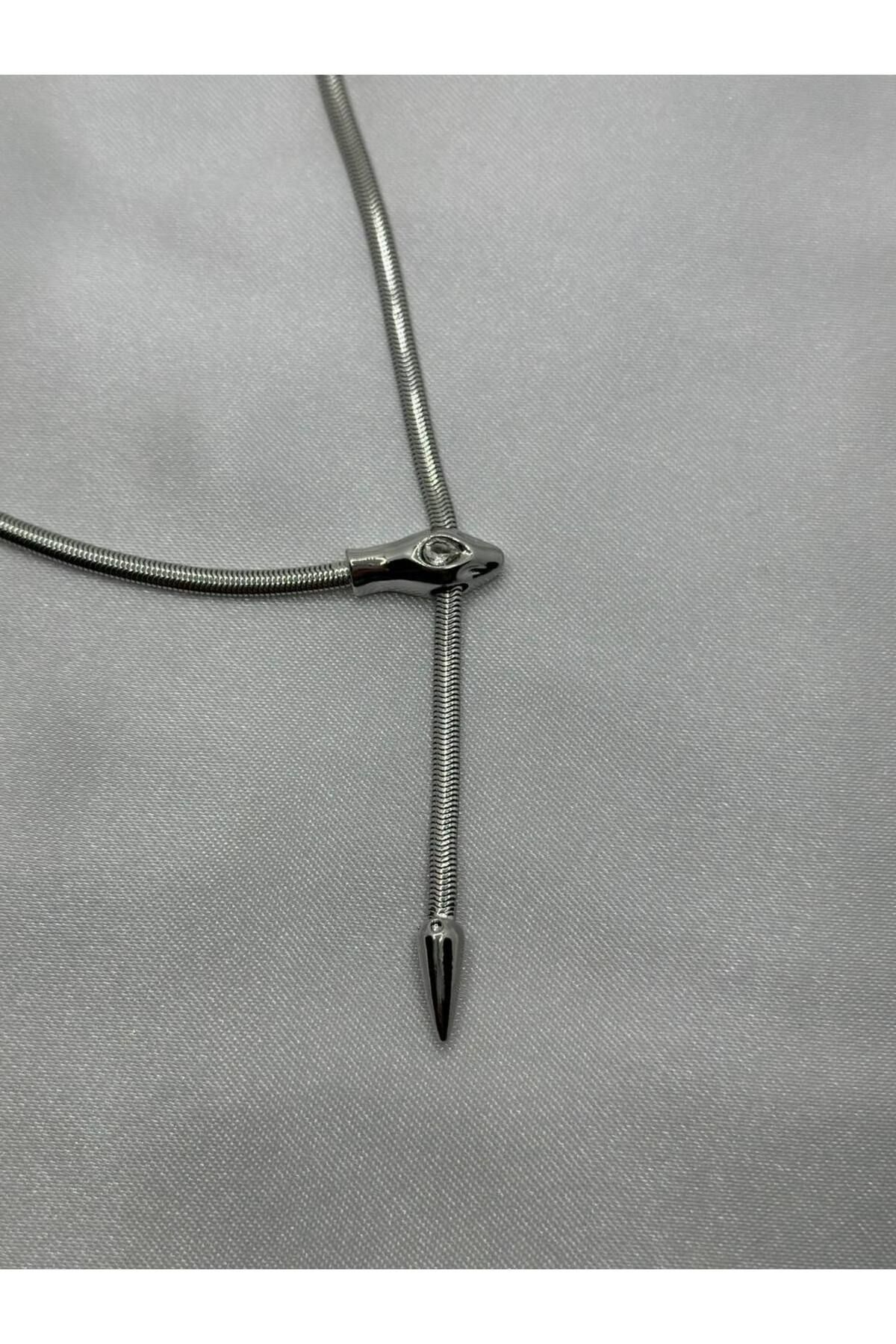 lysiaaccessory Çelik Silver Yılan Y Model Dekolye Kolyesi