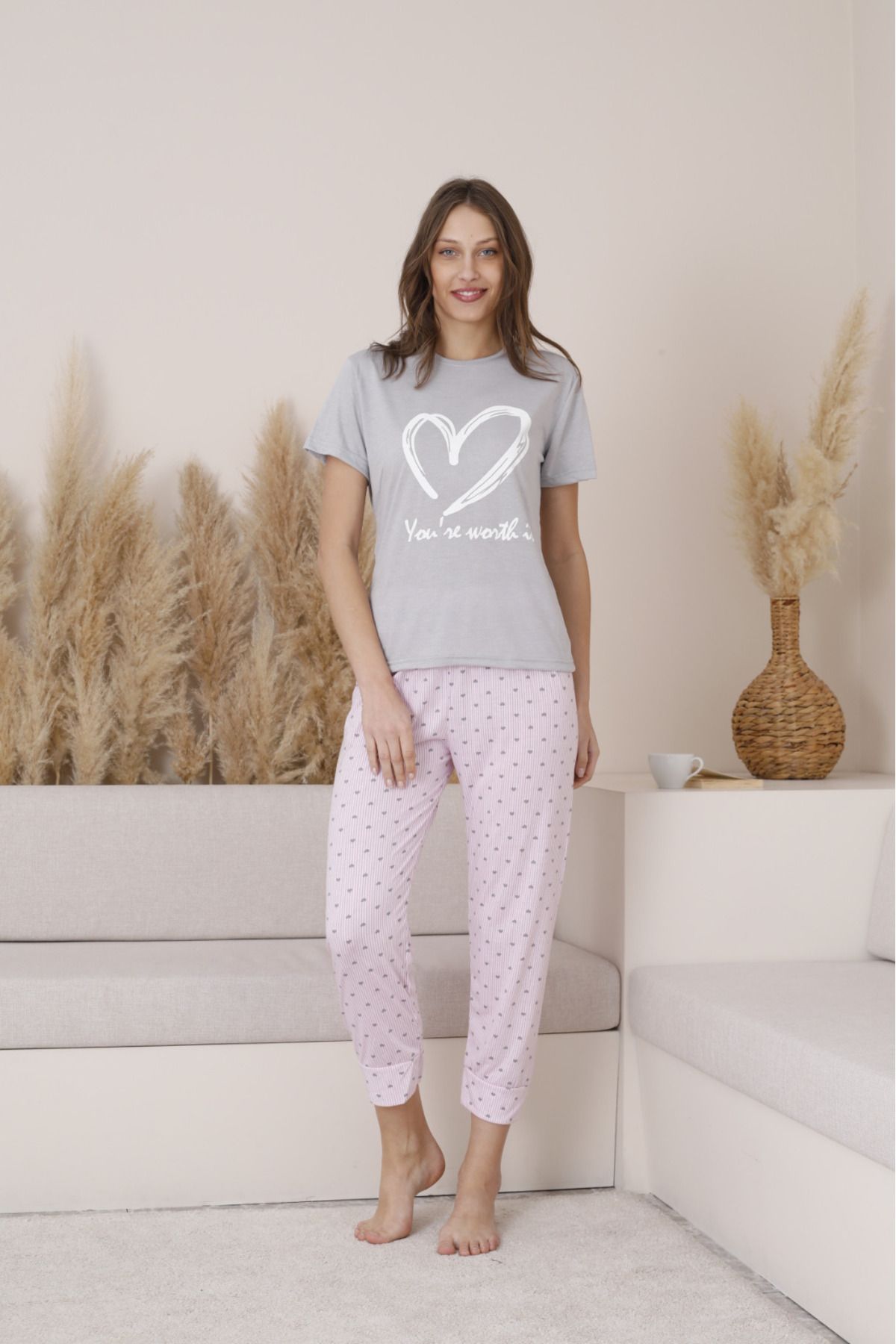 Mia Kadın Pijama Kısa Kol Kalp Desenli Bisiklet Yaka Altı Çizgili Pijama Takımı