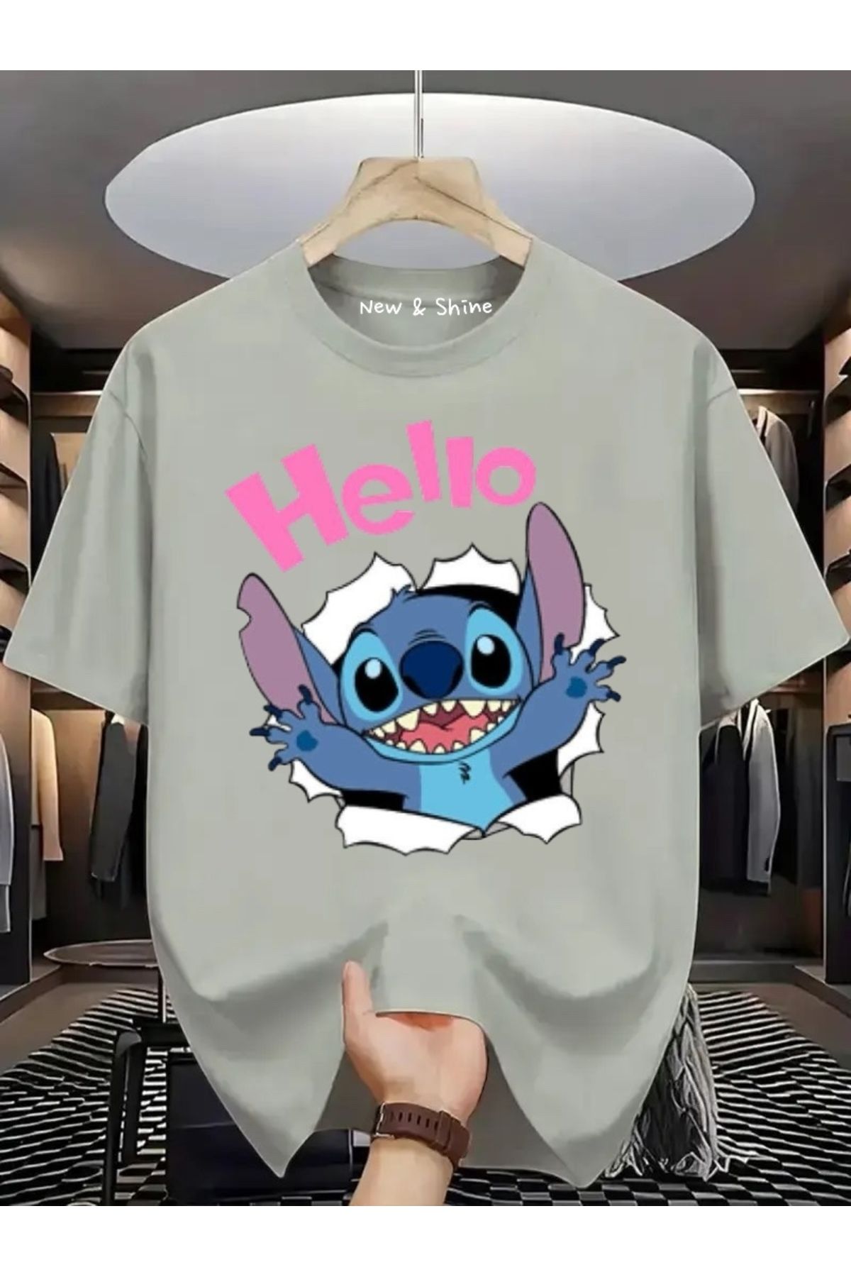 New Shine Hello Stitch Baskılı Oversize T-Shirt