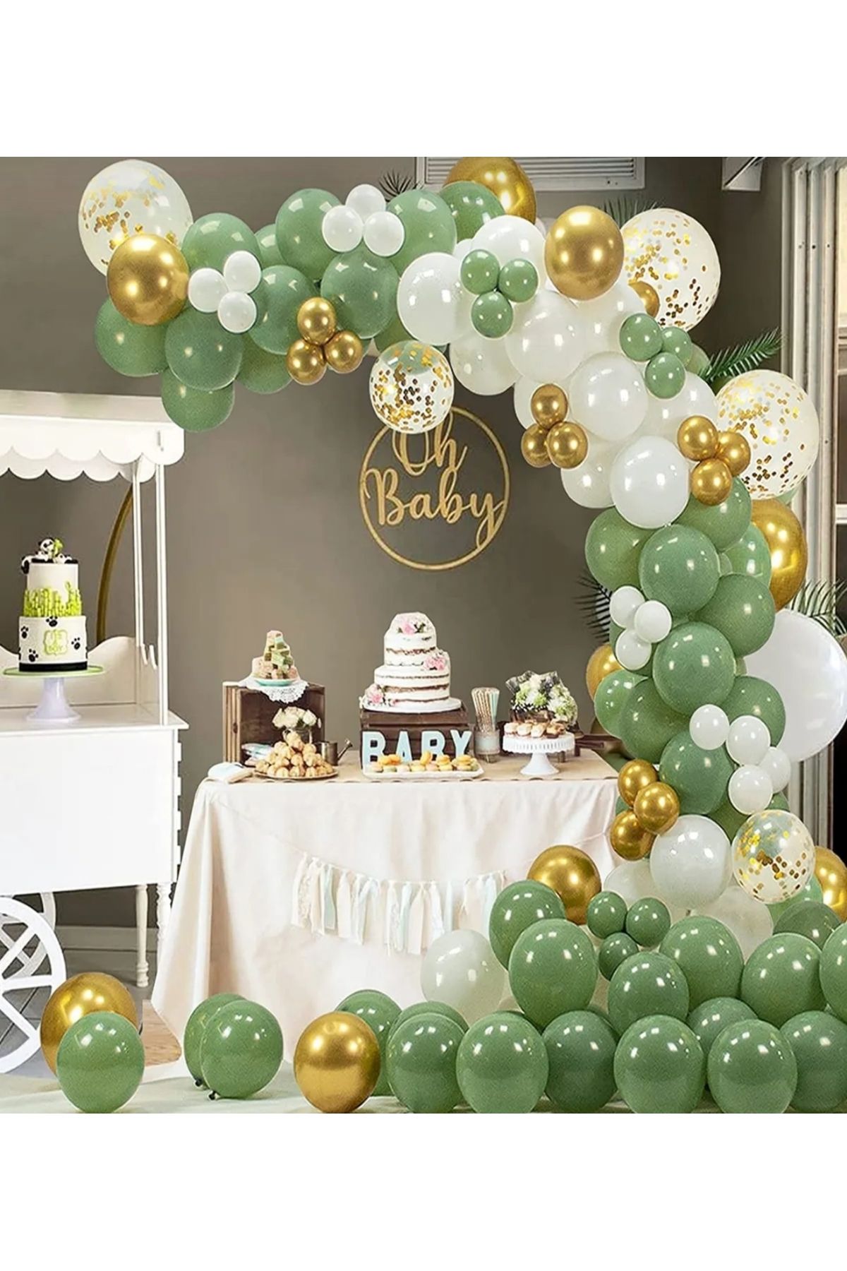 B&K süs ve tasarım 65 balonlu balon zinciri 30 küf yeşili, 15 pastel beyaz, 10 krom gold, 10 şeffaf gold konfetili