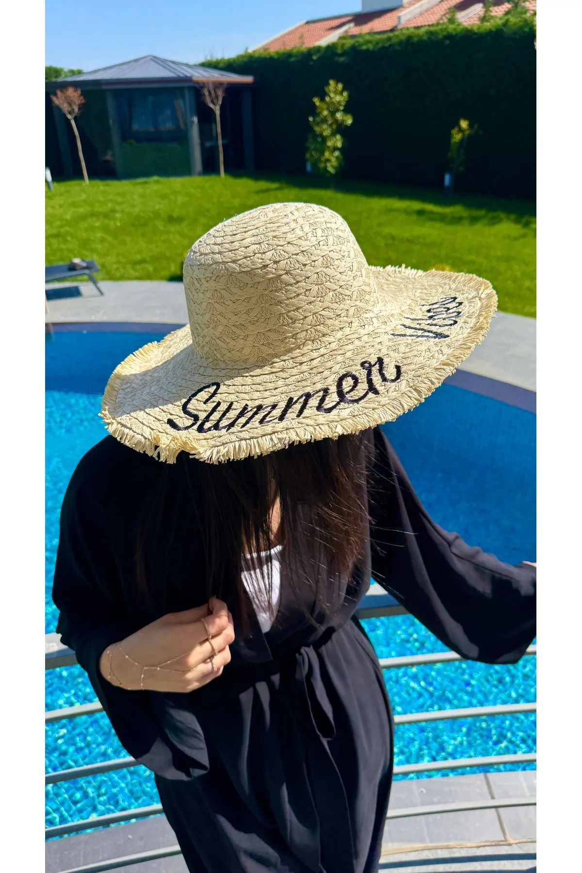 FELLMENS Bej Summer Vibes Nakışlı Geniş Hasır Kadın Şapka