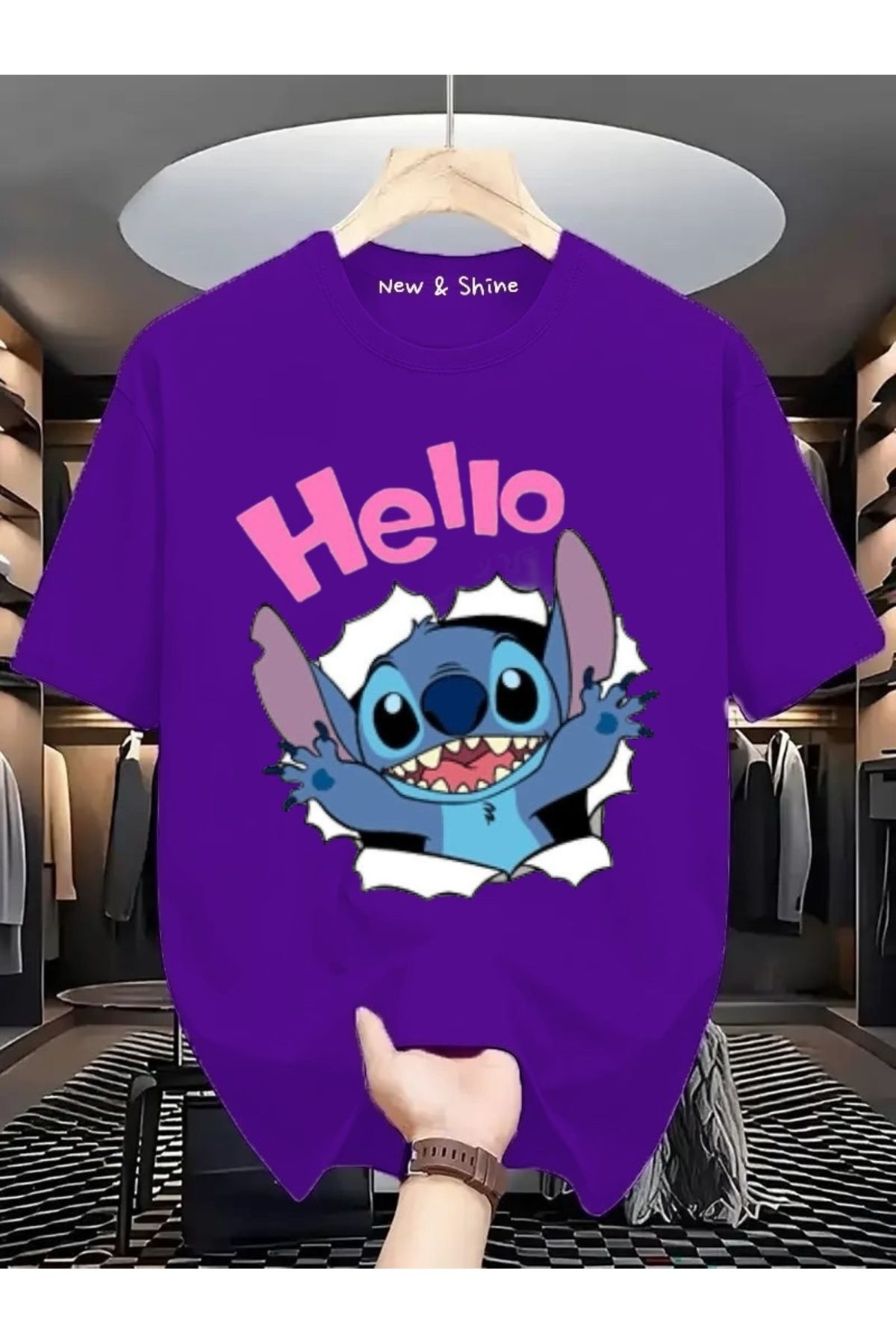 New Shine Hello Stitch Baskılı Oversize T-Shirt