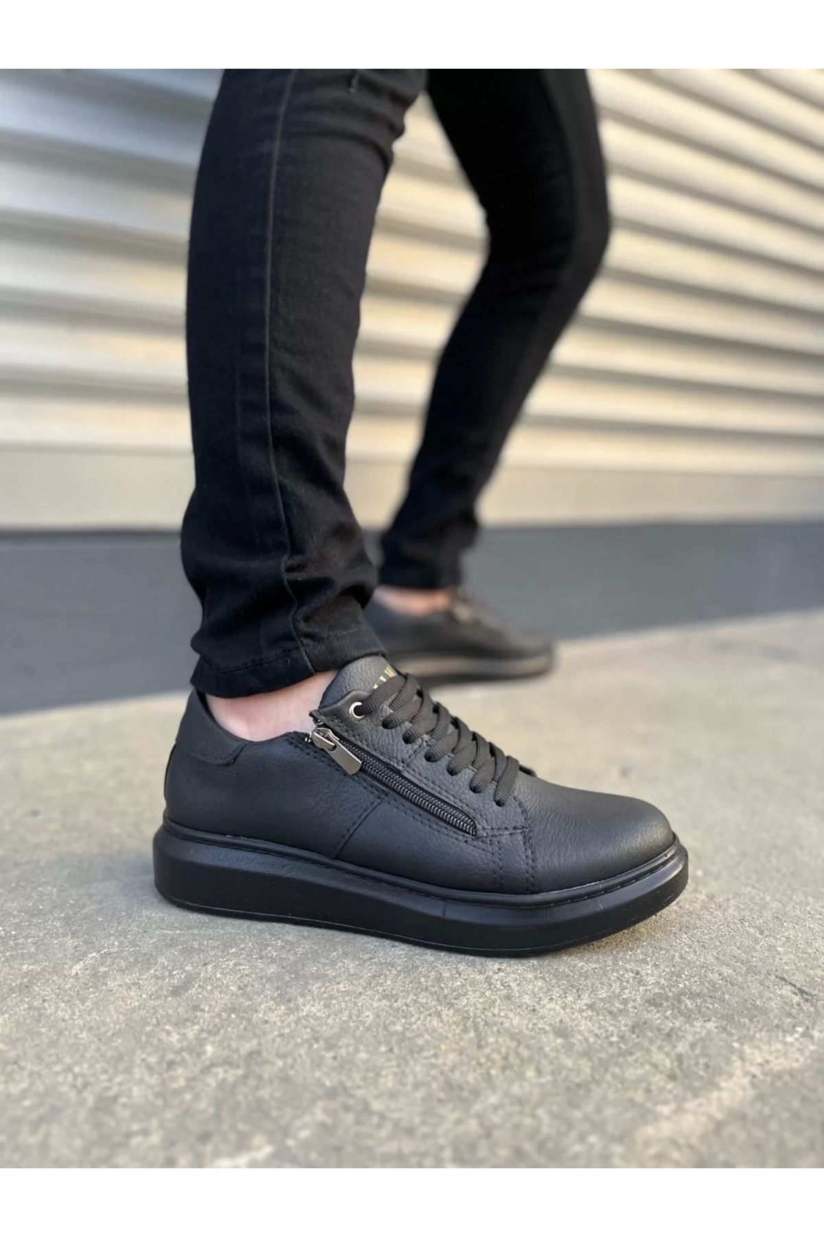 BİCANS JY155 Warrior Bağcıklı ve Fermuarlı Cilt Erkek Günlük Sneaker Ayakkabı CST - Siyah