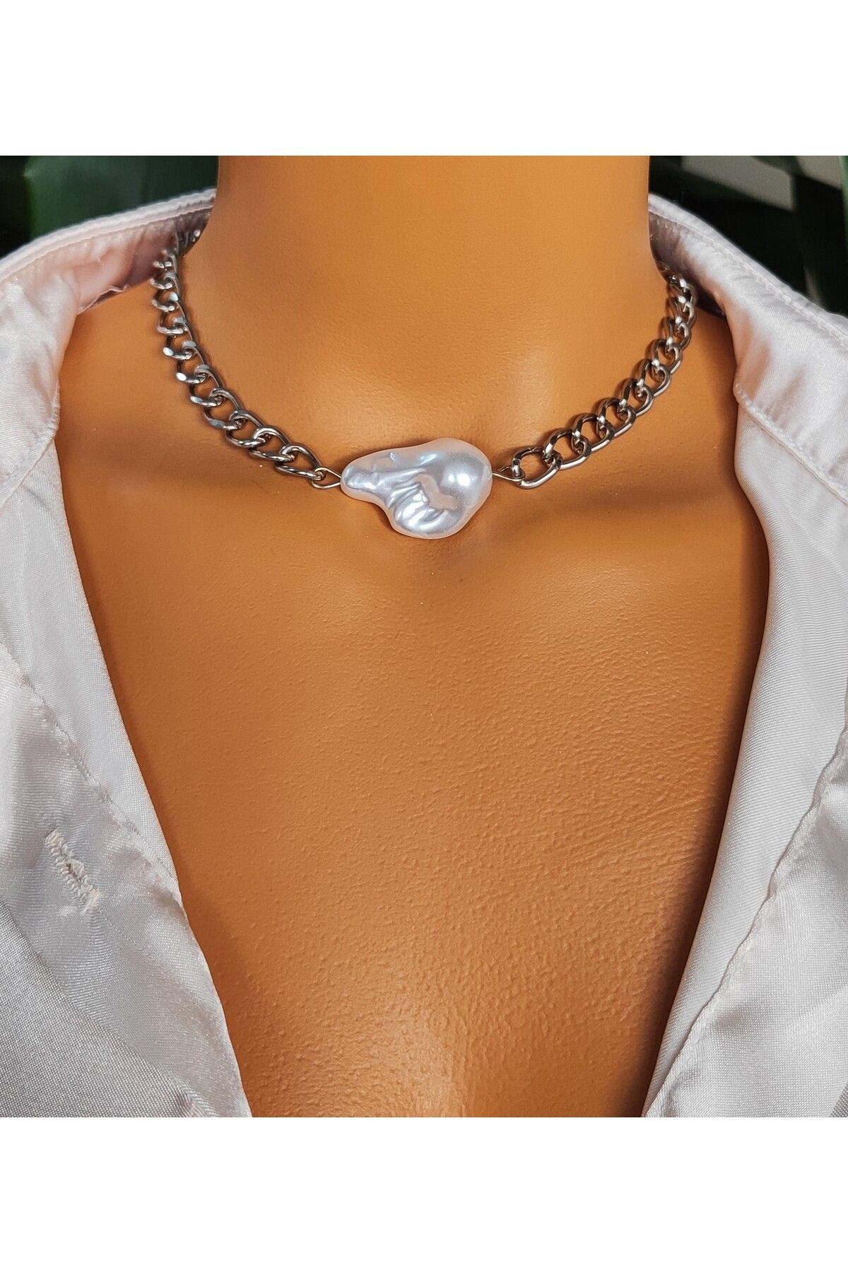 Goşenefmafe Yapay Barok İncili Zincir Choker Kolye