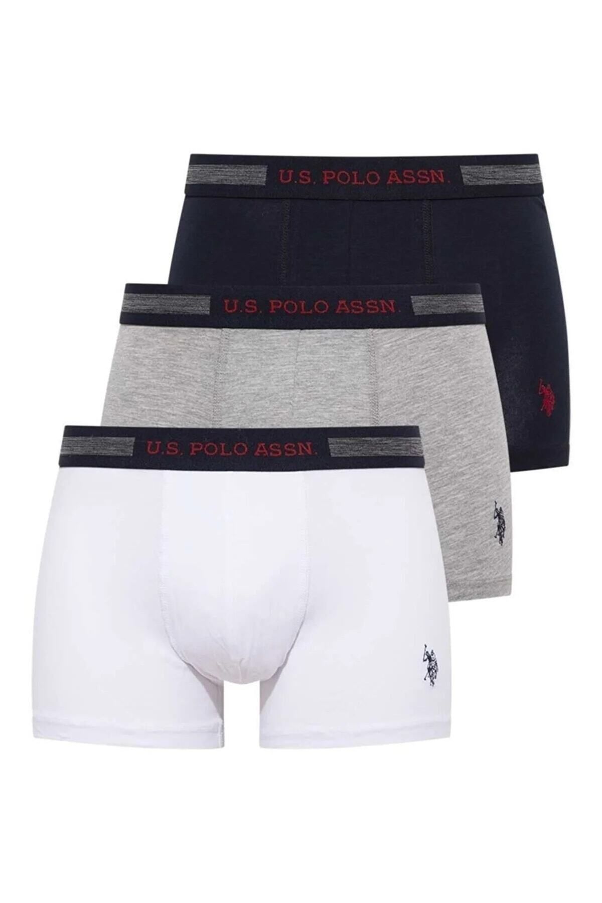 U.S. Polo Assn. 3'lü Paket Siyah Beyaz Lacivert Kemeri Marka Baskılı Pamuklu Likralı Erkek Boxer