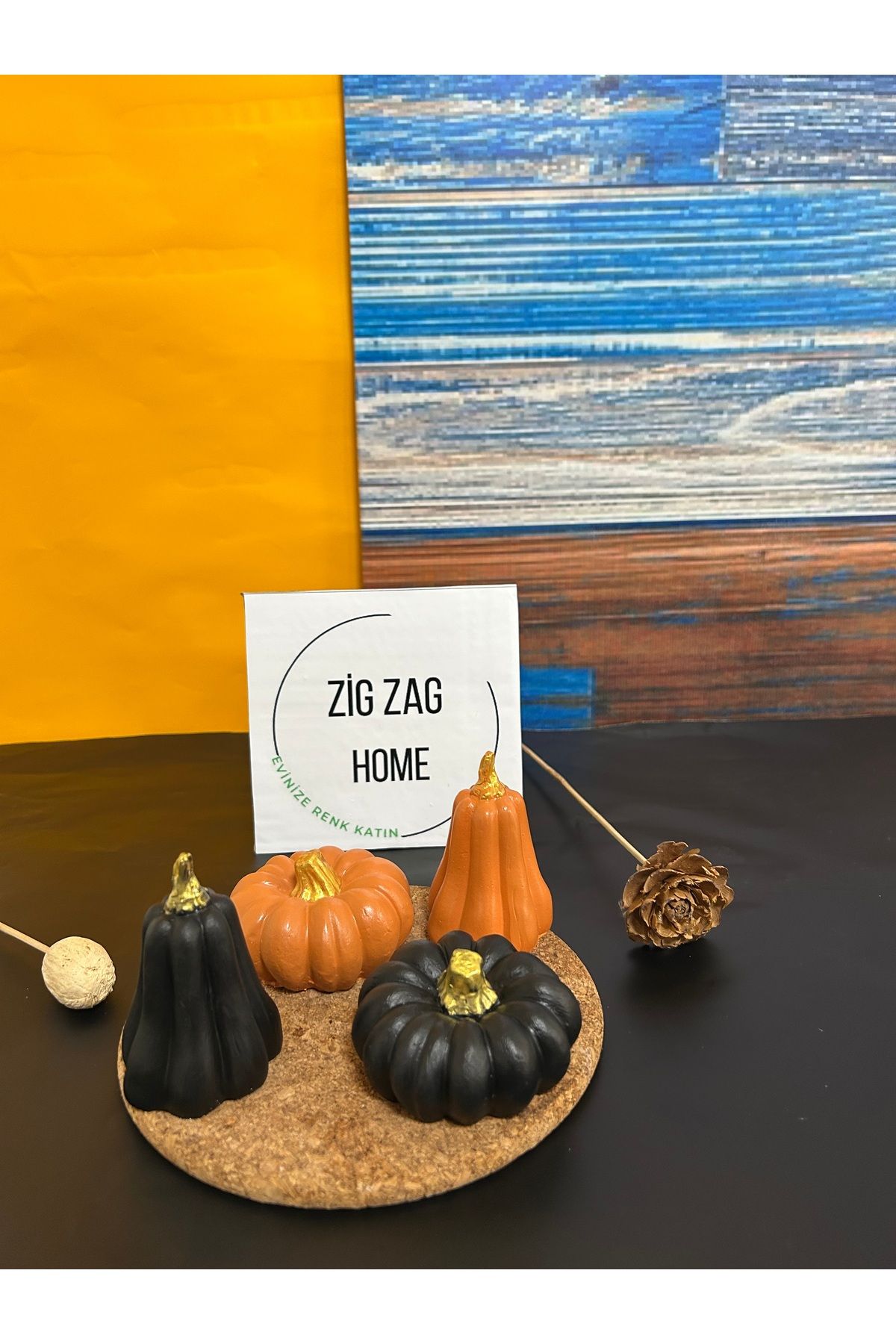 Zigzag Home Dekoratif 4 Lü Bal Kabağı Siyah Turuncu (Golf Detaylı ) Biblo , Heykel ,Sanat Bal Kabağı Bohem Tarz