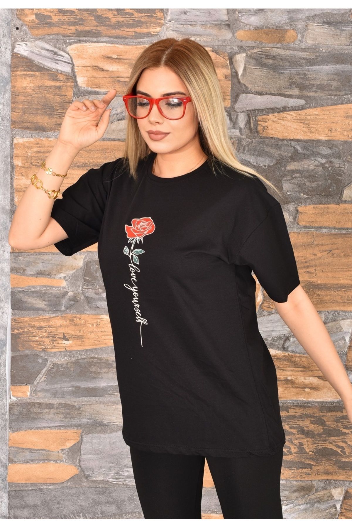 GEZEGENX Gül Baskılı Oversize Kadın T-Shirt Bisiklet Yaka