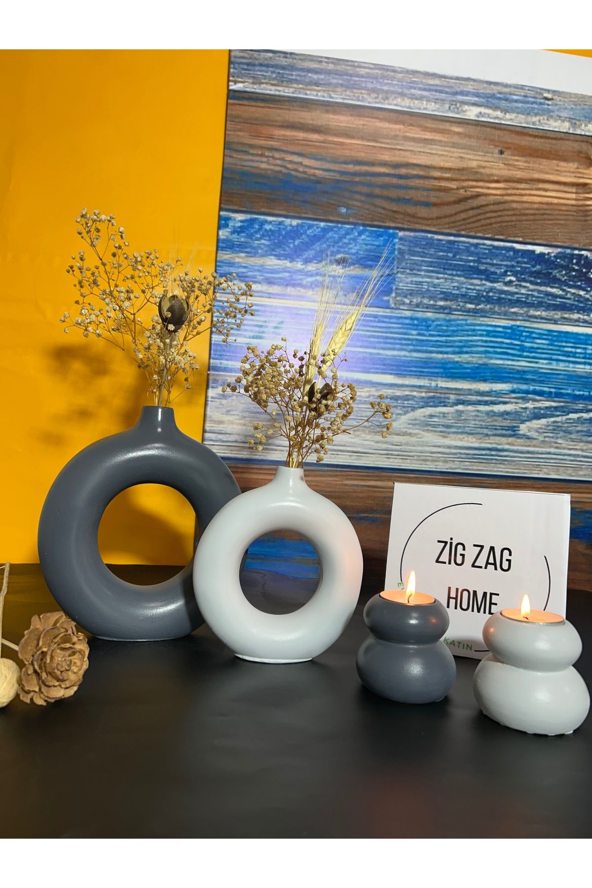 Zigzag Home Dekoratif 2 Li Halka vazo ve 2 Li mumluk takım Füme ve Gri Bohem tarz 4 lü takım