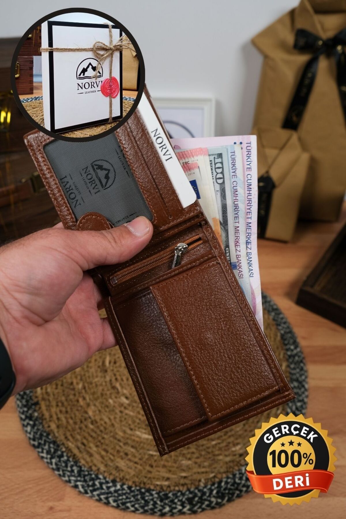 Norvi Leather Bozuk Para Bölmeli Hakiki Deri Cüzdan Taba