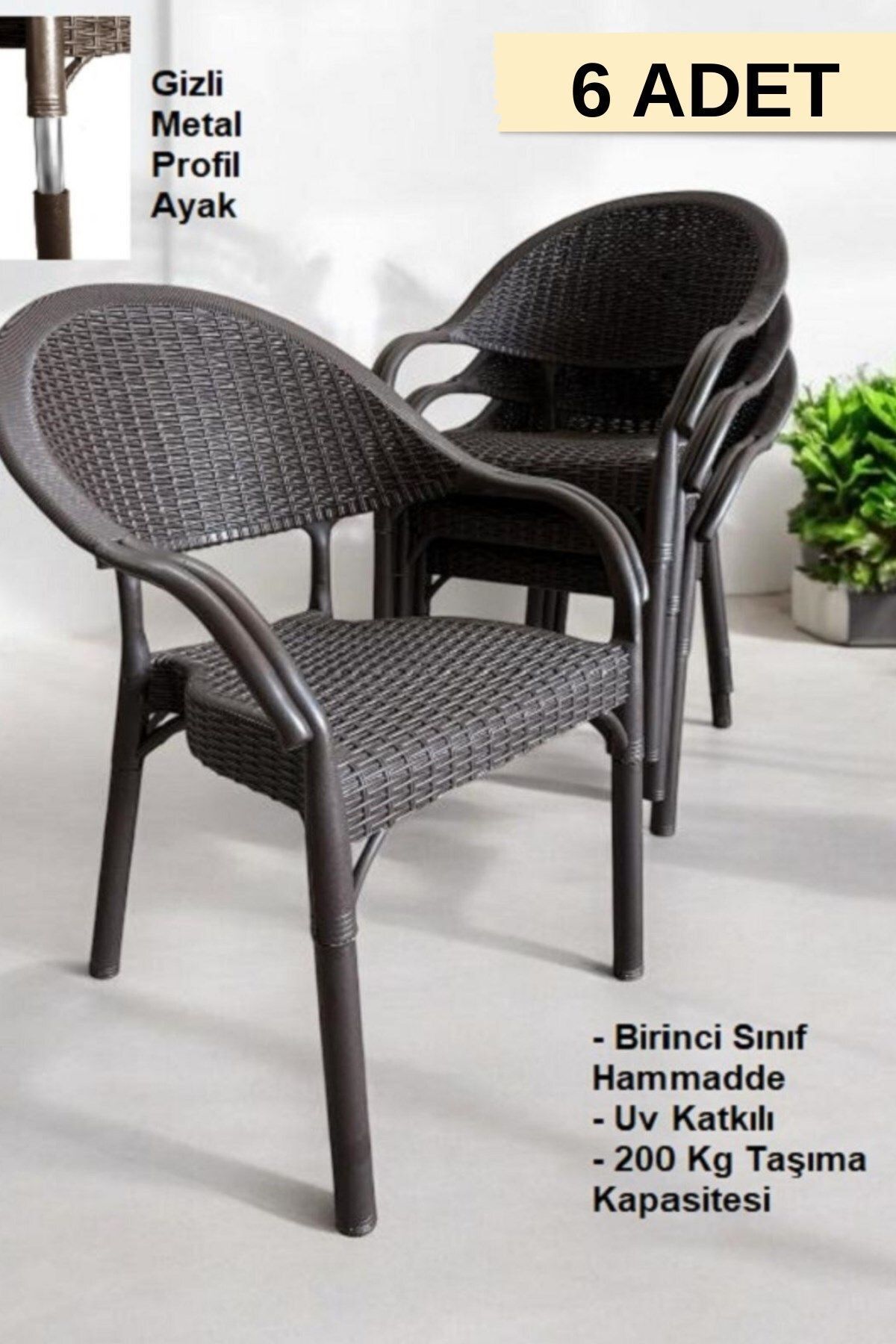 FURNLİNE MOBİLYA Furnline Mobilya Bambu Rattan Kollu Sandalye Koltuk 6'lı Set