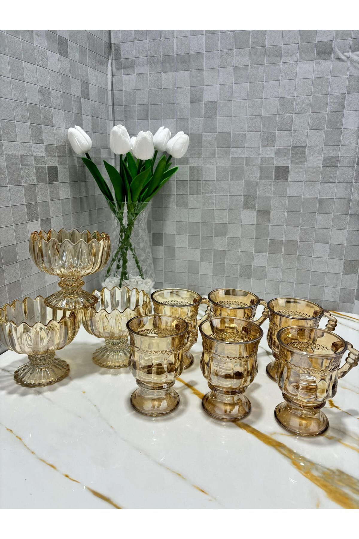 SOFRA STİL 9 Parça Ayaklı Füme Çay Bardağı Ve Füme Çerezlik