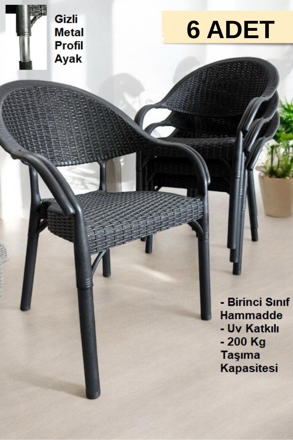 FURNLİNE MOBİLYA Bambu Rattan Kollu Sandalye Koltuk 6'lı Set
