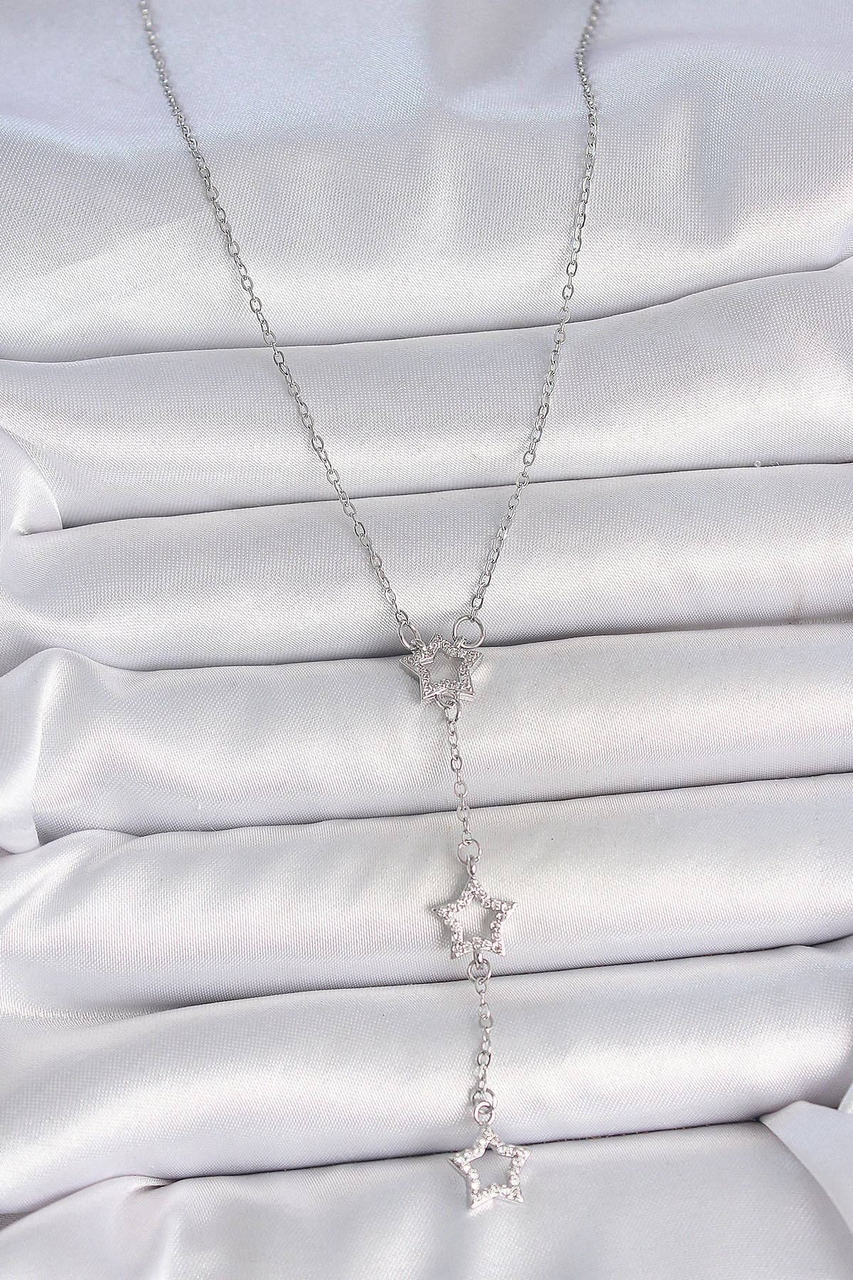 MELFSHOP 316L Çelik Gümüş Renk Zincir Zirkon Taşlı Yıldız Y Model Kadın Kolye