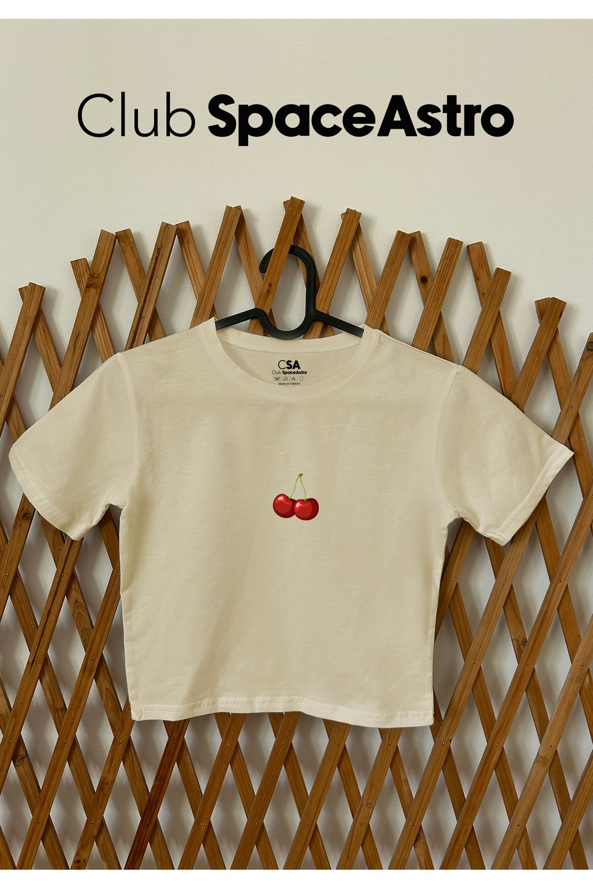 ClupSpaceAstro Cherry Baskılı Pamuklu Likralı Bisiklet Yaka Crop Kadın Üst