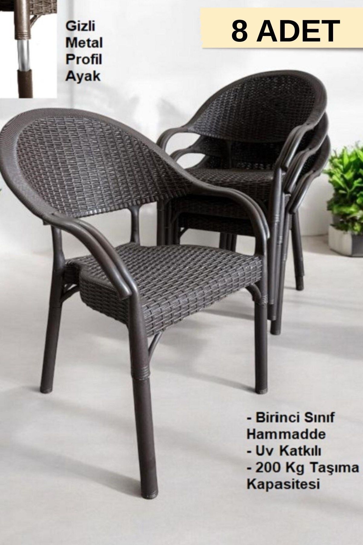 FURNLİNE MOBİLYA Furnline Mobilya Bambu Rattan Kollu Sandalye Koltuk 8'li Set