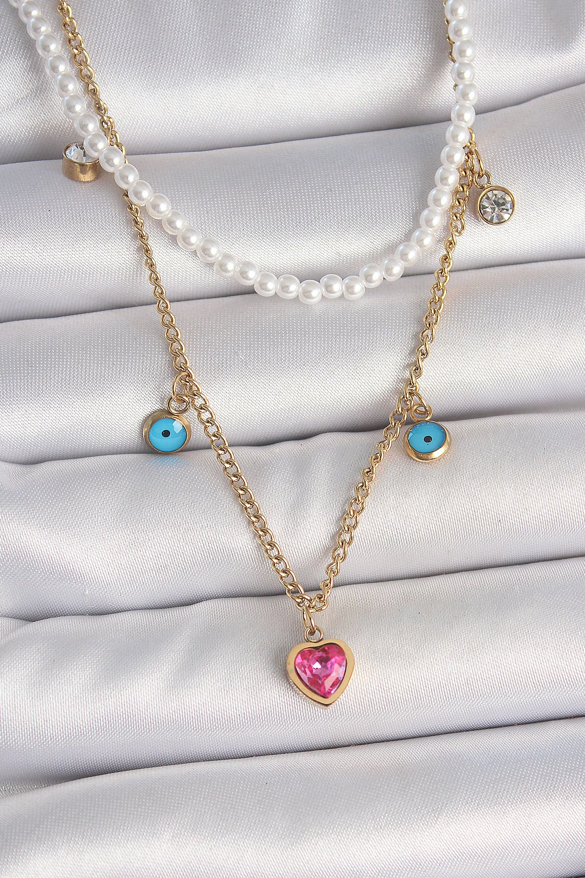 MELFSHOP 316L Çelik Gold Renk 2'Li İnci Zincir Model Pembe Taşlı Kalp Figür Nazar Boncuk Detay Kadın Kolye