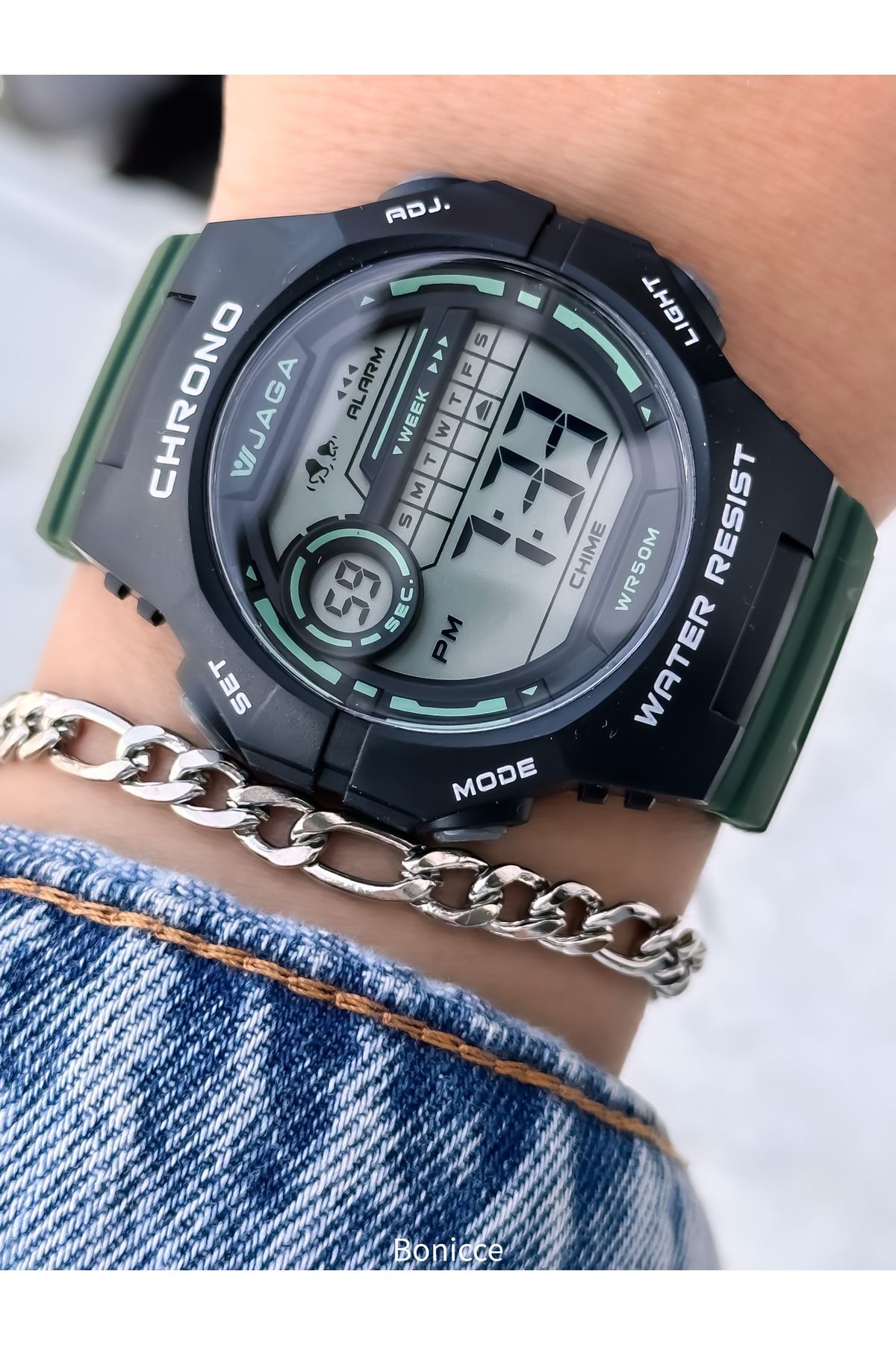 Jaga 45MM Havuz Deniz Kullanım,Işıklı,Takvimli,Kronometreli YEŞİL Silikon Dijital SPOR Kadın Kol Saati