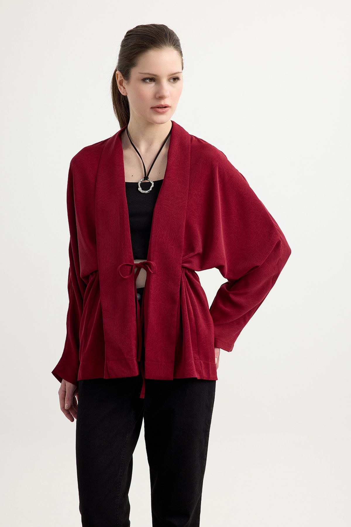 Birgül Bektaş Bordo Kraşlı Kimono
