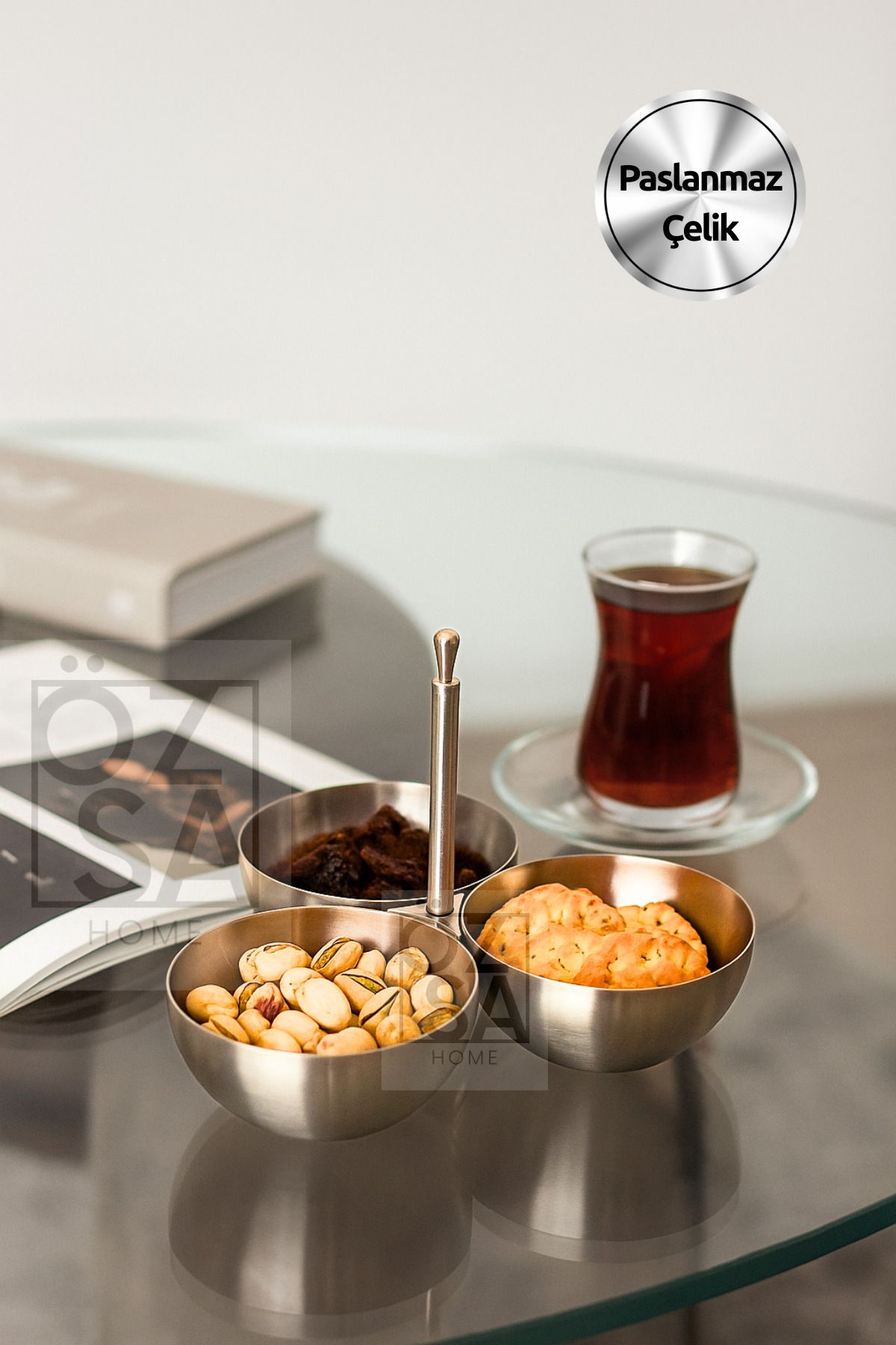 ÖzSa Home 3'lü Çerezlik Paslanmaz Çelik Mat Kuruyemişlik Reçellik Metal Saplı Kafe Lokanta Restoran Çerezlik