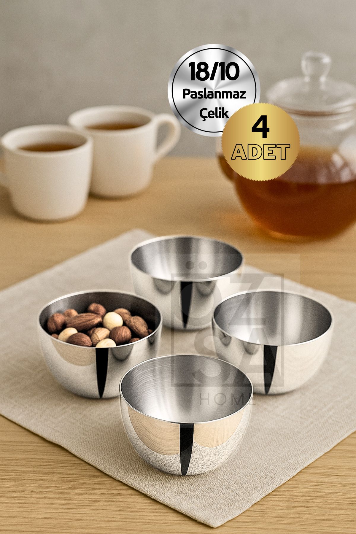 ÖzSa Home 4 Adet 18/10 - 304 Kalite Paslanmaz Çelik Çerezlik Kuruyemişlik Çerezlik Takımı 9 Cm Kase