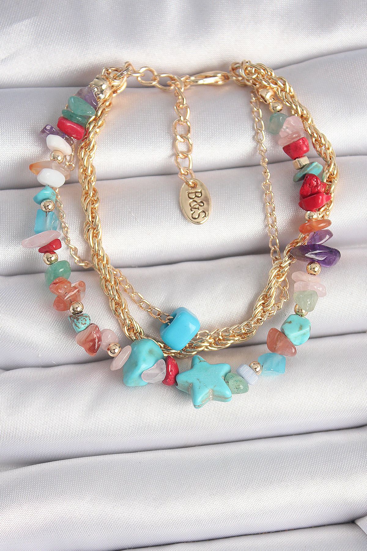 MELFSHOP Pirinç Gold Renk Çoklu Renkli Çakıl Taşı Model Yıldız Figür Kadın Bileklik