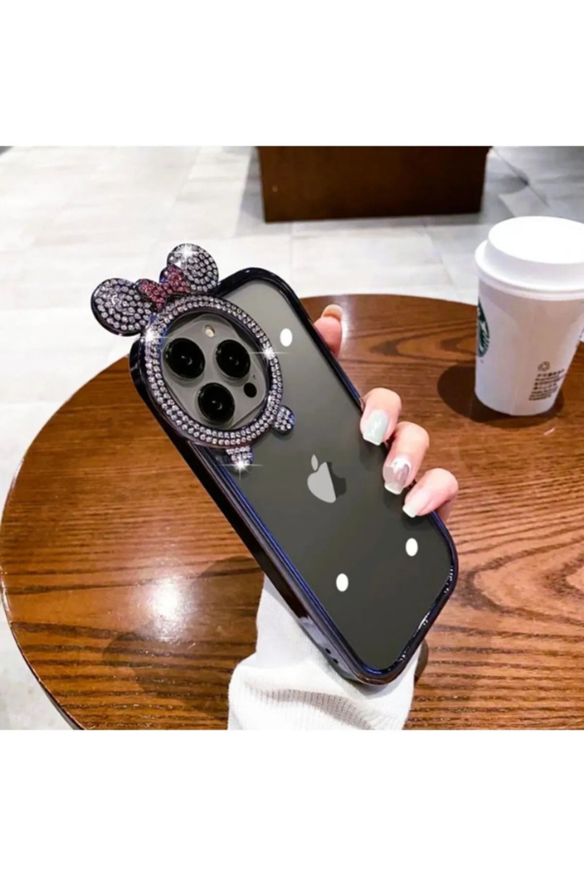 Cleo Cases Tarzını Yansıt iPhone 15 Uyumlu Taşlı Minnie Mouse Kulaklı Işıltılı Şeffaf Silikon Kılıf