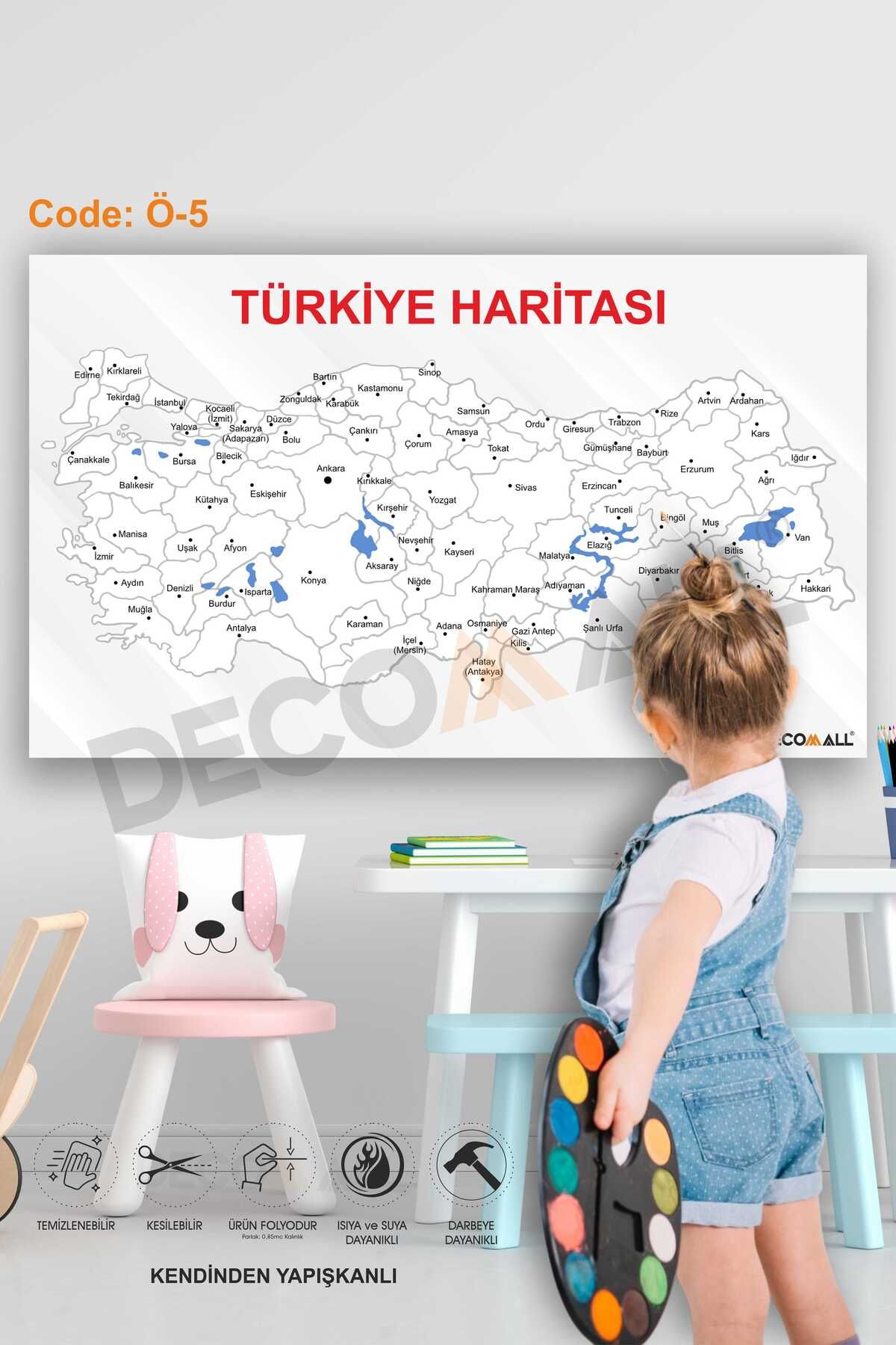 DECOMALL Ö-5 Türkiye Haritası Boyanabilir Eğitici Ve Öğretici Çocuk Odası Duvar Sticker Kendinden Yapışkanlı