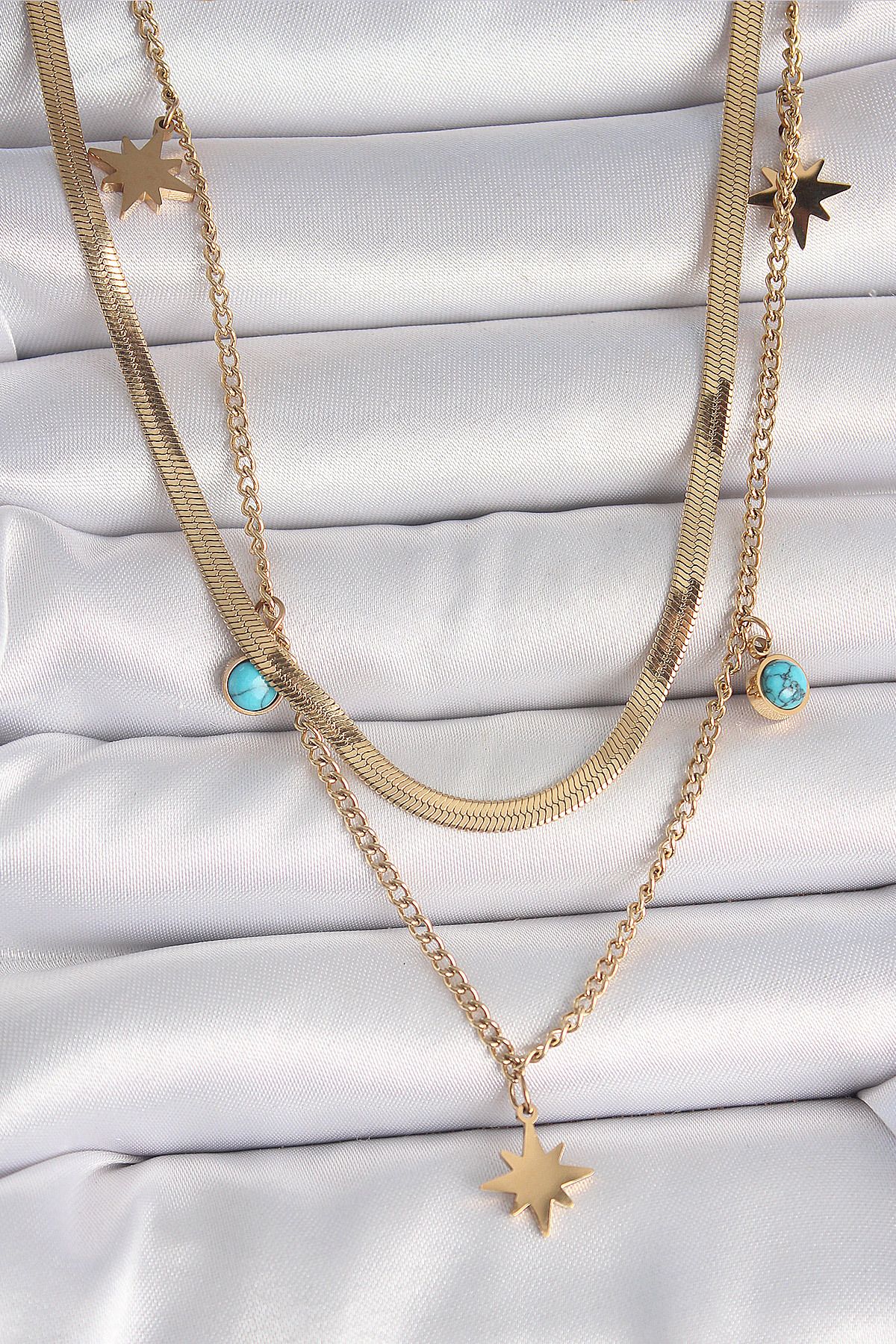 MELFSHOP 316L Çelik Gold Renk 2'Li İtalyan Zincir Model Yıldız Figür Mavi Taş Detay Kadın Kolye