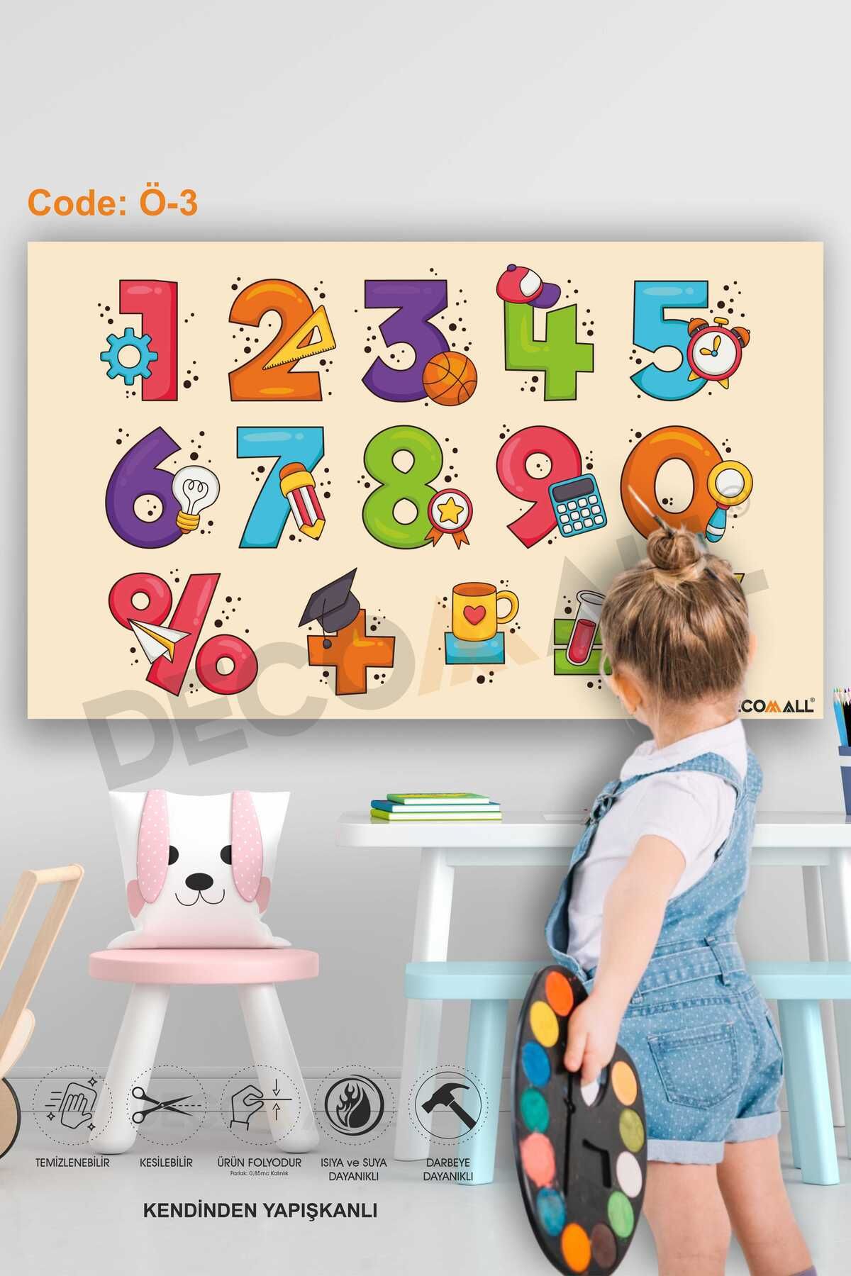 DECOMALL Ö-3 Renkli Sayılar Eğitici Ve Öğretici Çocuk Odası Duvar Sticker Kendinden Yapışkanlı