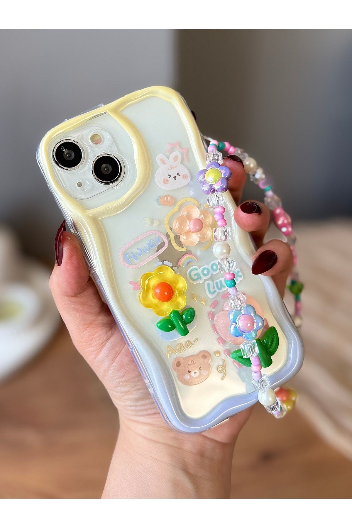 MirazTasarim IPHONE 15 PLUS CHARMLI 3D DEKORLU TELEFON İPLİ ŞEFFAF KILIF