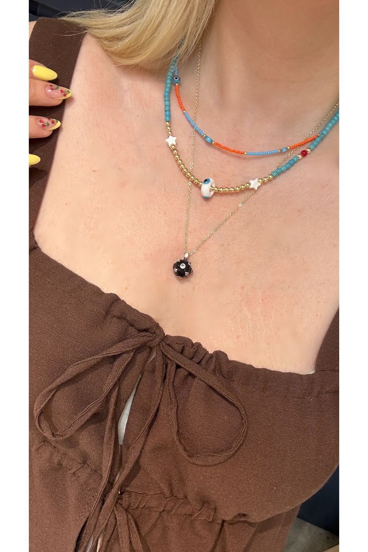 GLAM Mavi turuncu 2 renk boncuk summer kolye