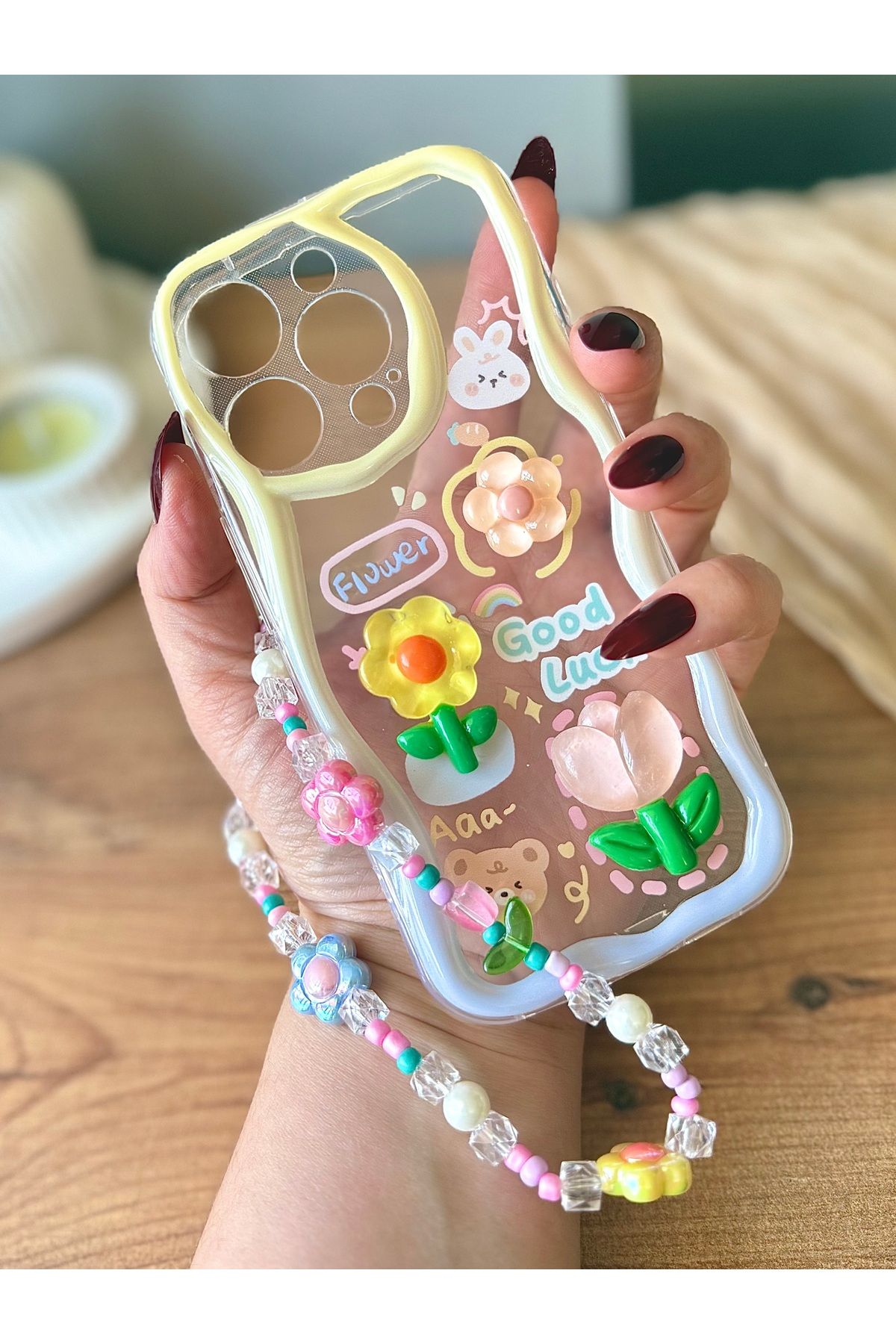 MirazTasarim IPHONE 15 PRO CHARMLI 3D DEKORLU TELEFON İPLİ ŞEFFAF KILIF