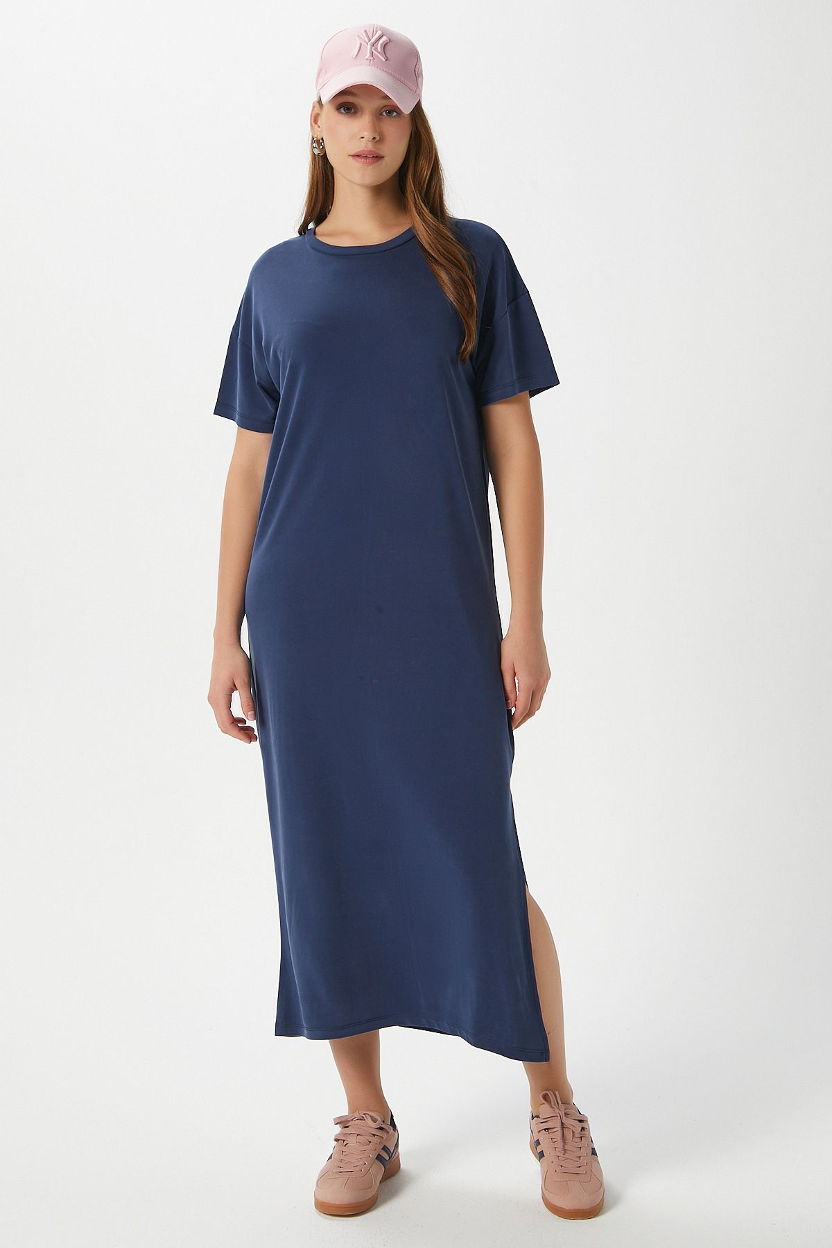 Ritnice Kadın Modal Daily Comfort Lacivert Yırtmaçlı Elbise 16556