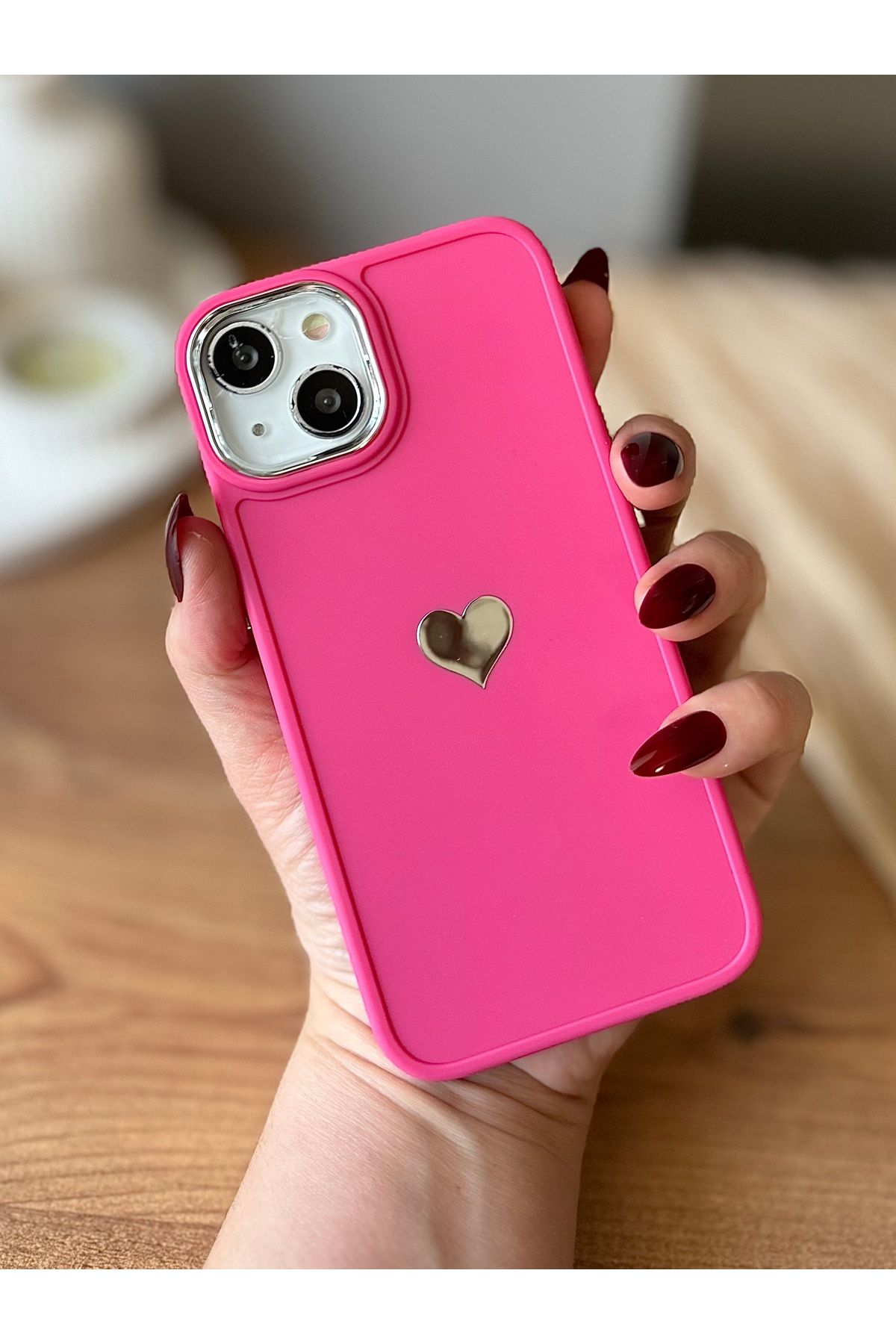 MirazTasarim IPHONE 13/14/15 UYUMLU FUŞYA KALP BASKILI KILIF