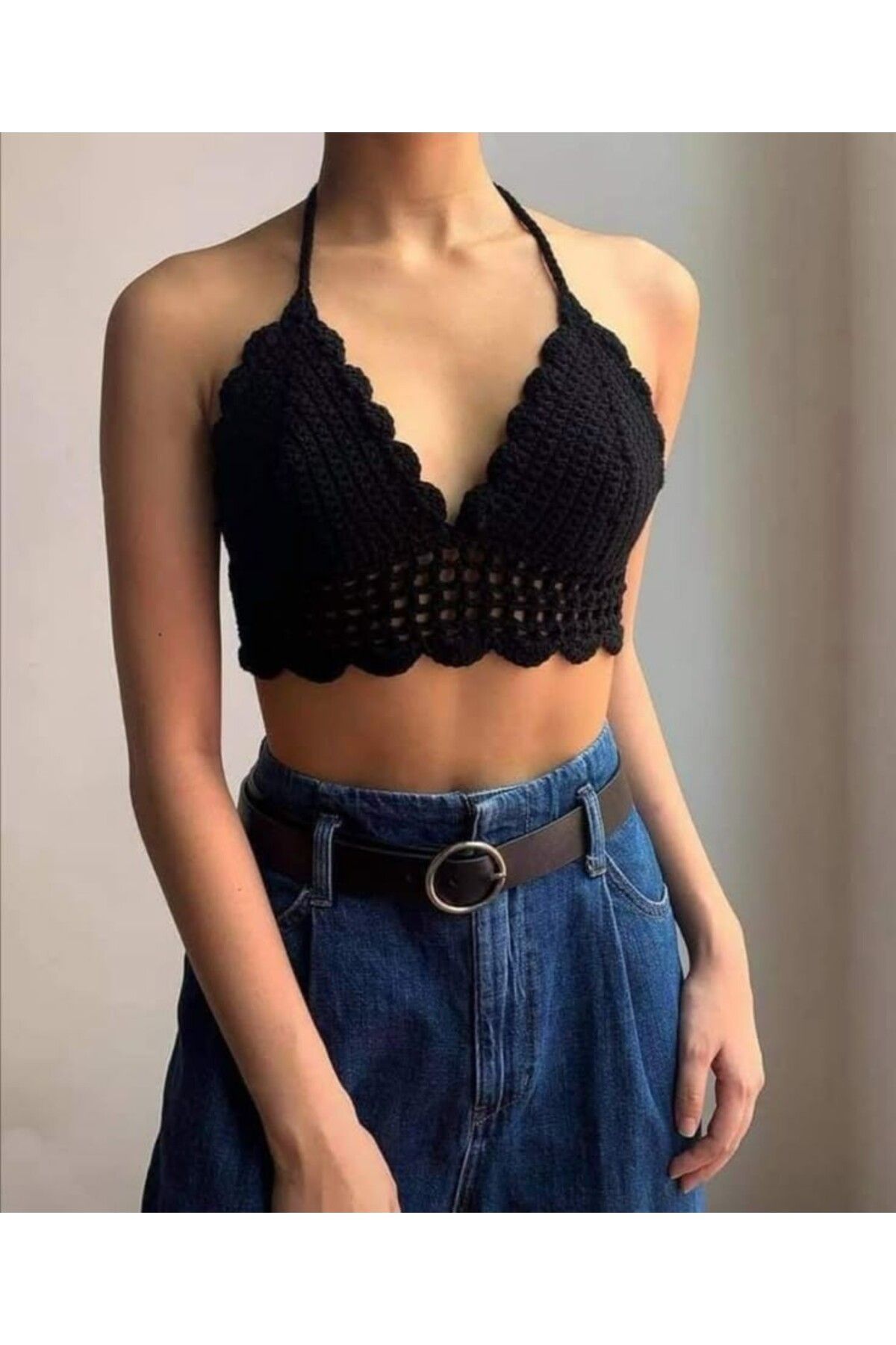 ThreadArtByNur Siyah El Örgüsü Crop Büstiyer Bikini Üstü Sık Iğne Iç Göstermez Yaz Modası
