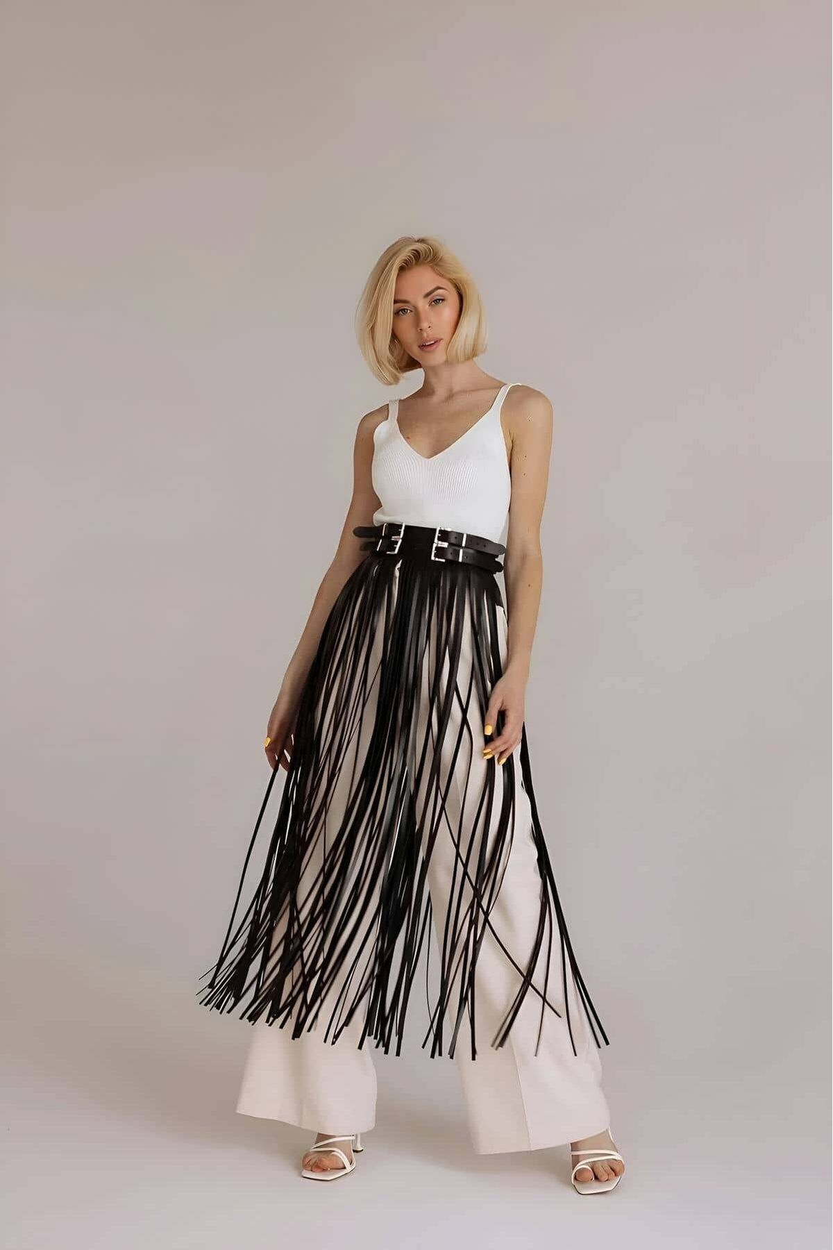 Moda Şahsenem Püsküllü Deri Etek, Bel Üzeri Şık Püsküllü Deri Etek - Brf1090