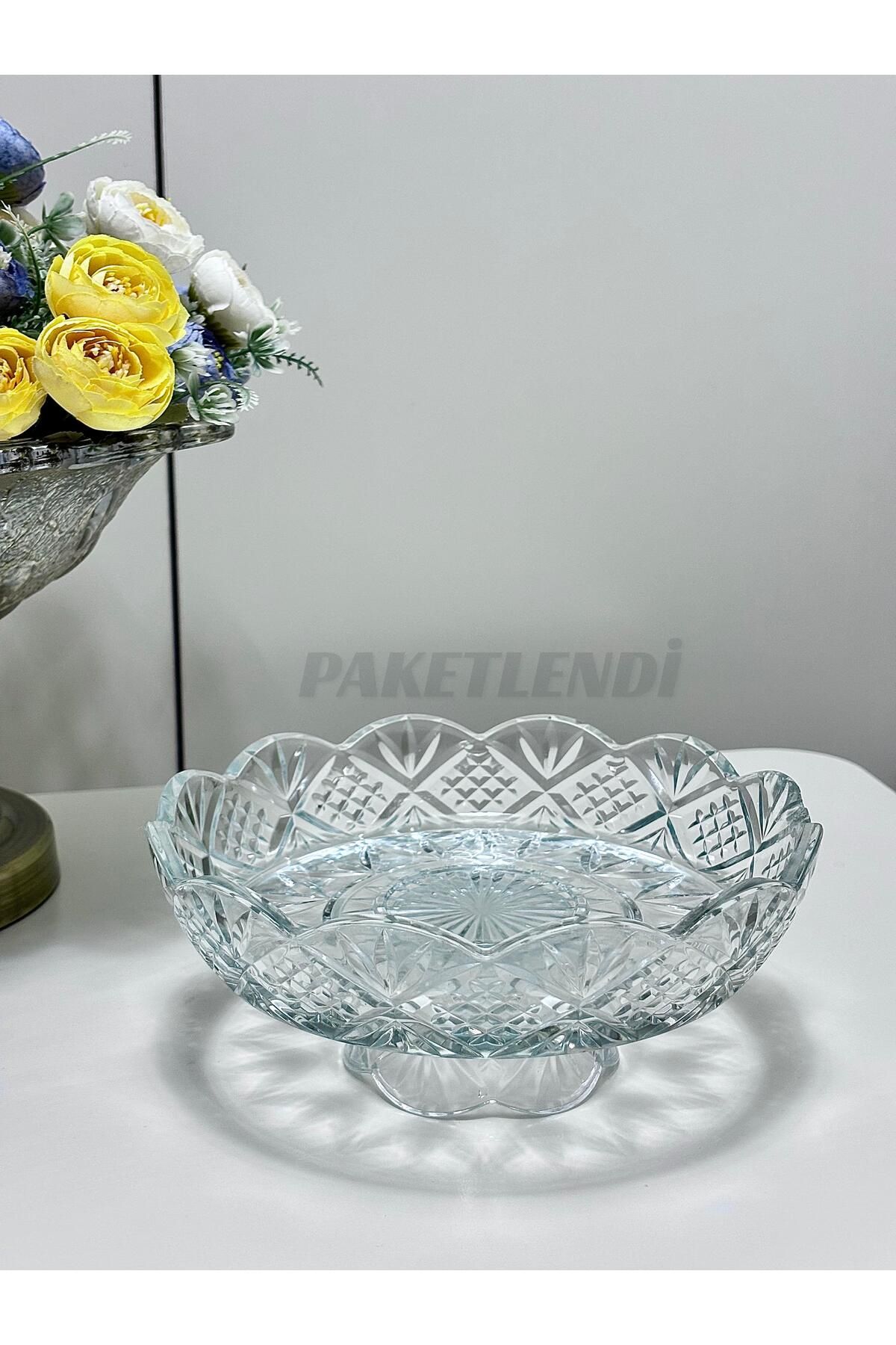 PAKETLENDİ El Yapımı 1 Adet Ayaklı Cam Lokumluk Sunumluk Şekerlik I Kristal Cam Çerezlik
