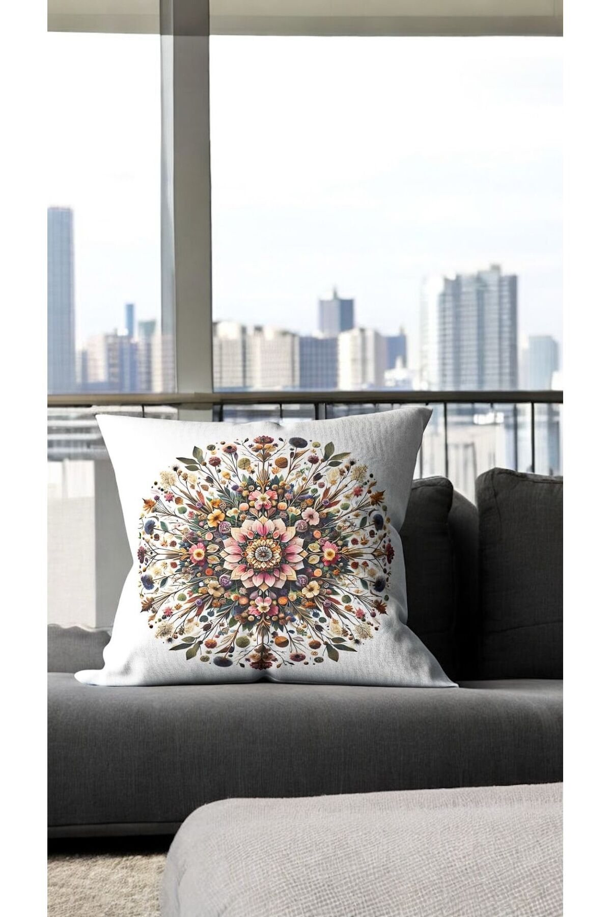 GMhome Çiçek Mandala Desenli Dekoratif Kırlent Kılıfı 43 x 43cm