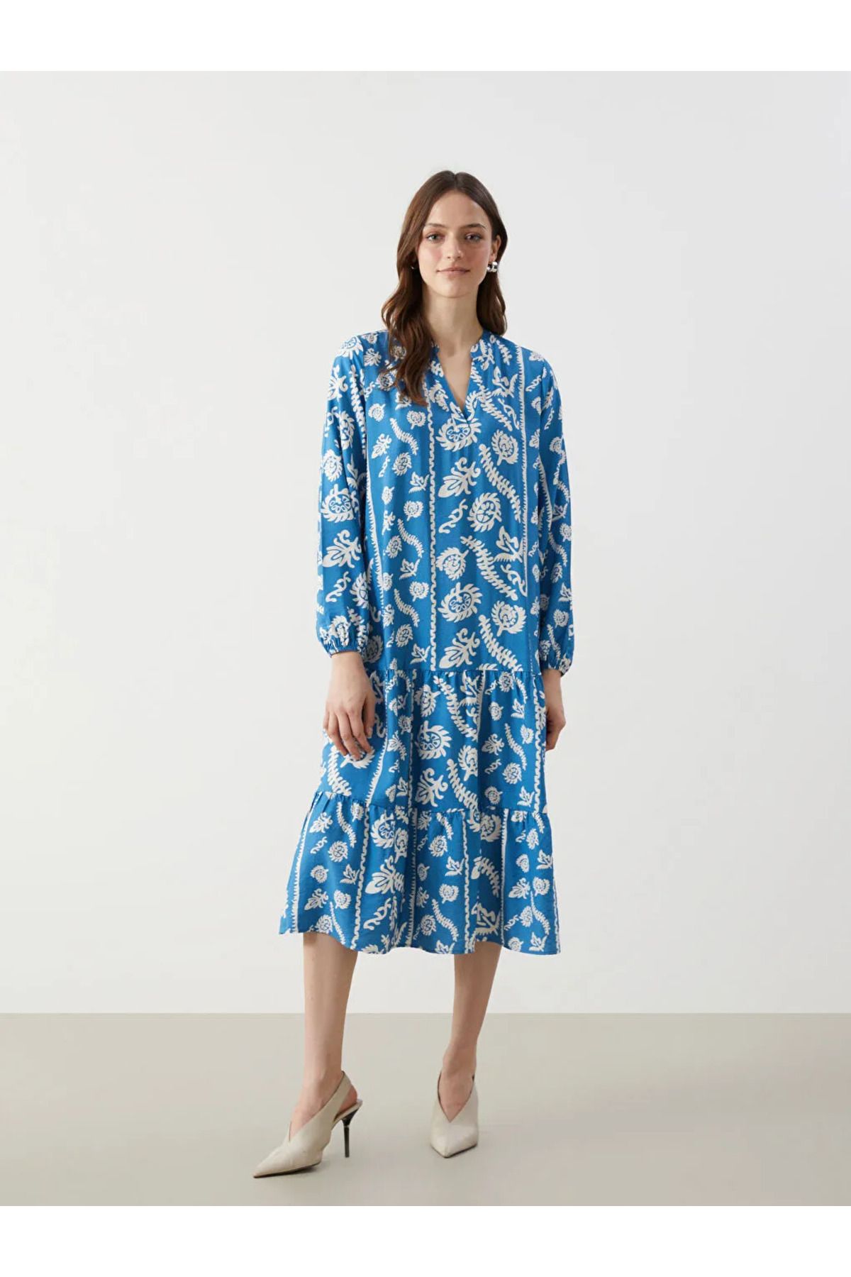 LC Waikiki LCW Comfort Indigo Kaçık Yaka Desenli Kadın Elbise