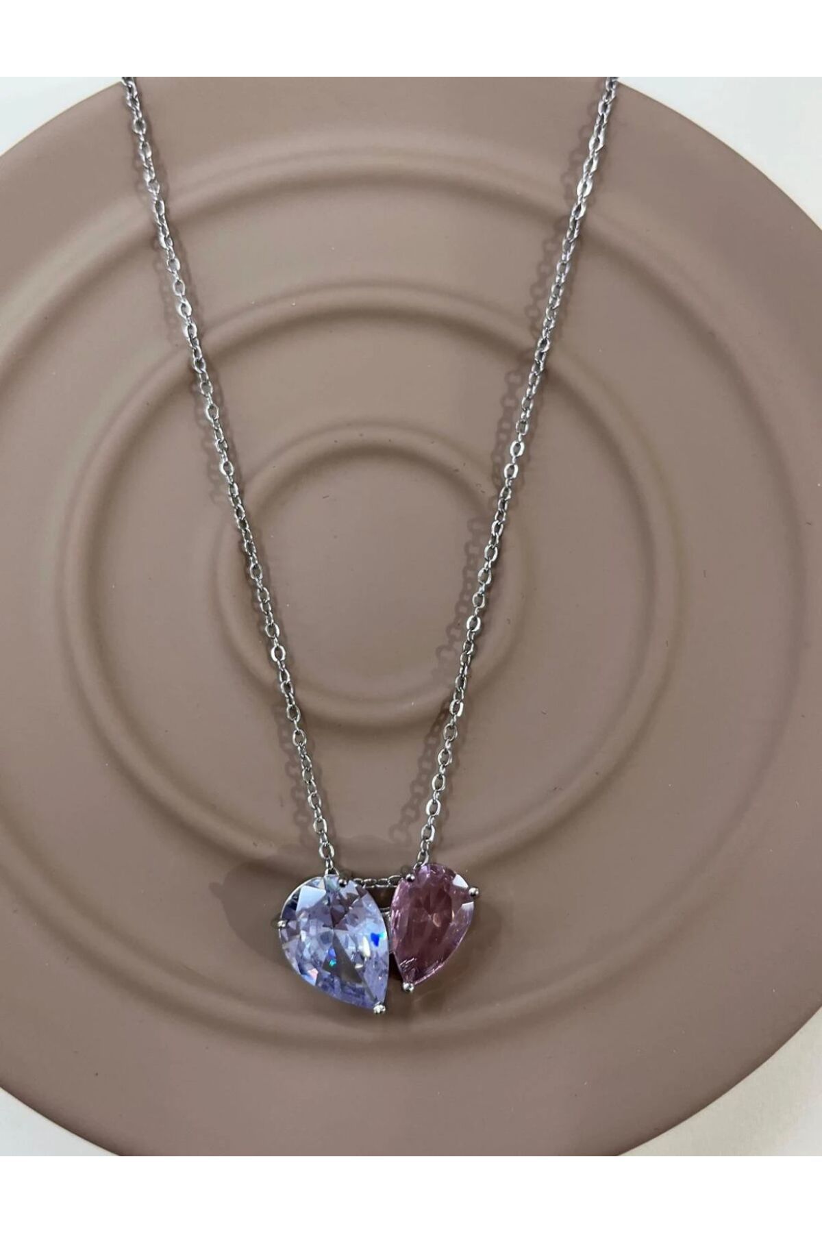 Butik Çelik Silver Çift Damla Taşlı Kolye