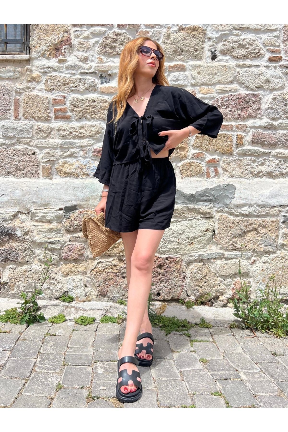 İrka Moda Desenli Kimono Şortlu Takım Siyah