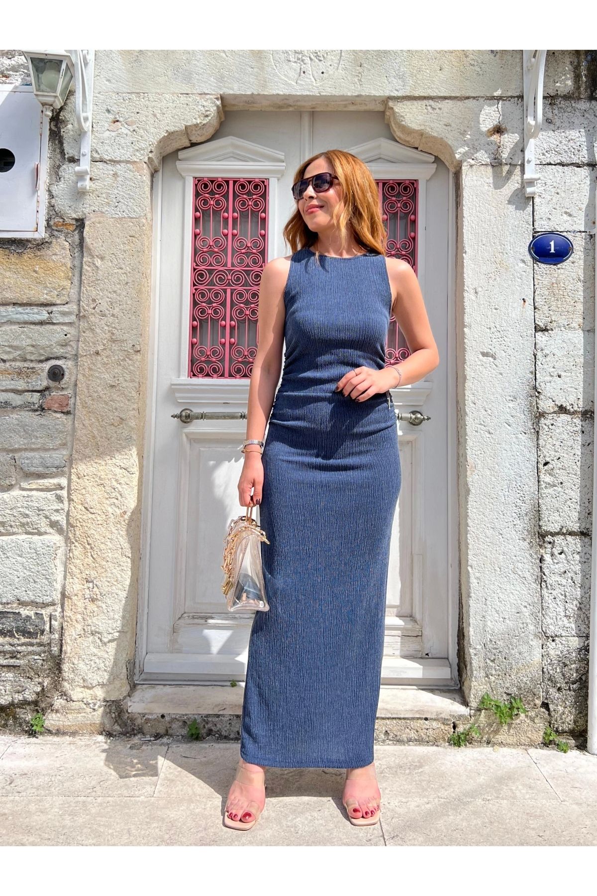 İrka Moda ZR Model Yan Büzgülü Krinkıl Elbise Lacivert