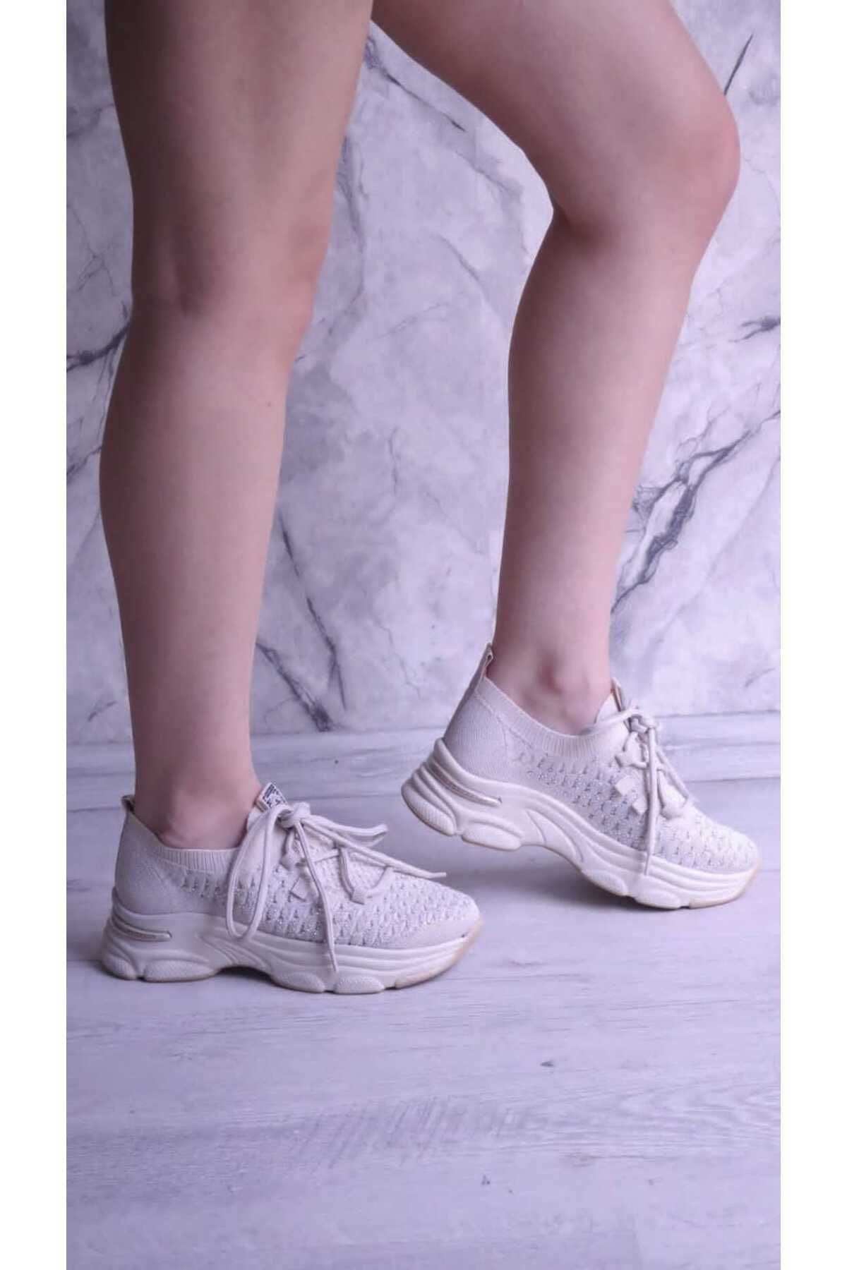 Moda Hanım Kadın Taşlı Bej Triko Bağcıklı Ortopedik Rahat Taban Sneaker