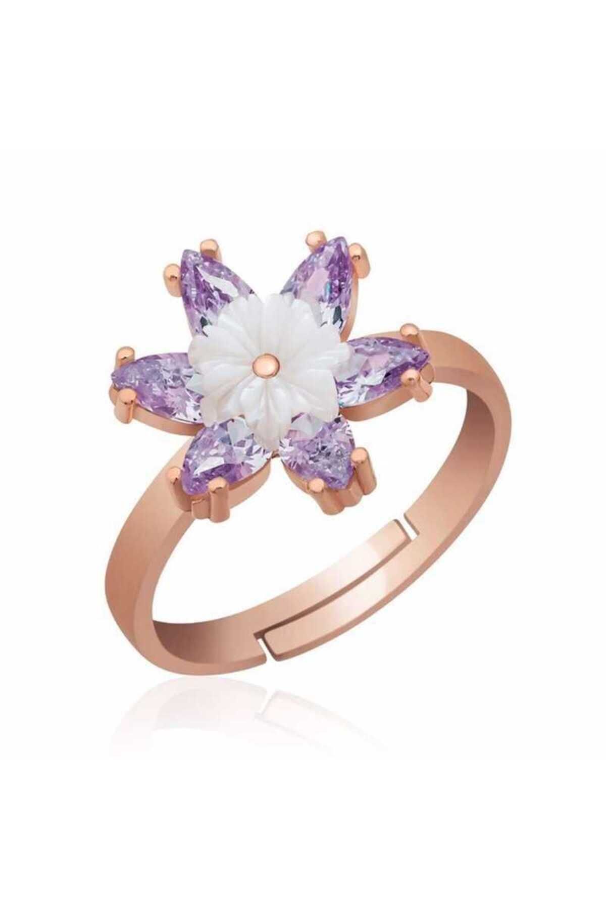 S PAZARIM Gümüş Rose Lila Lotus Çiçeği Yüzük