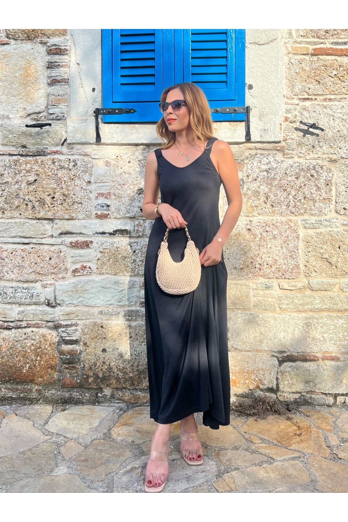 İrka Moda Modal Pike Kumaş Lastik Askılı Elbise Siyah