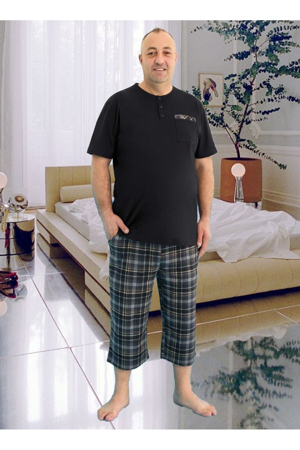 Aydoğan Erkek Pijama Takımı Kapri Büyük Beden & Battal Kısa Kol