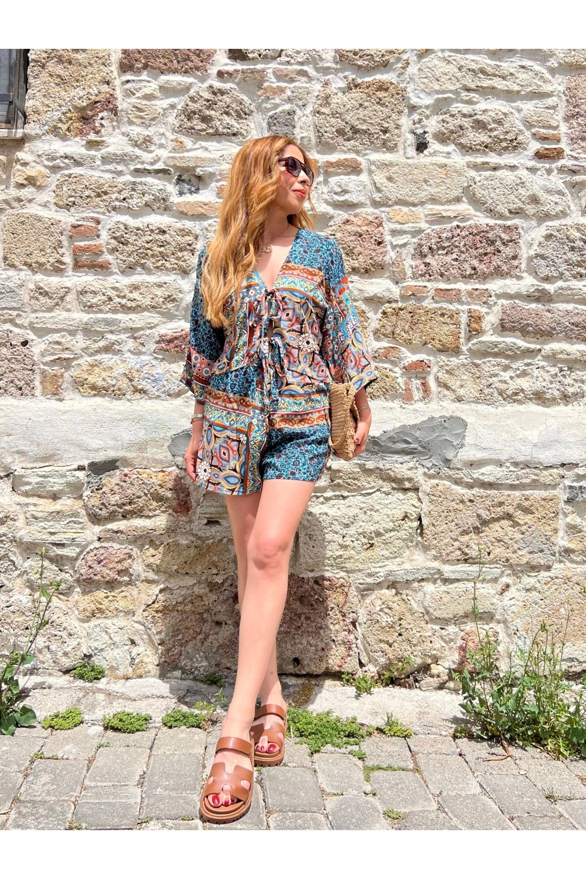 İrka Moda Desenli Kimono Şortlu Takım Mavi