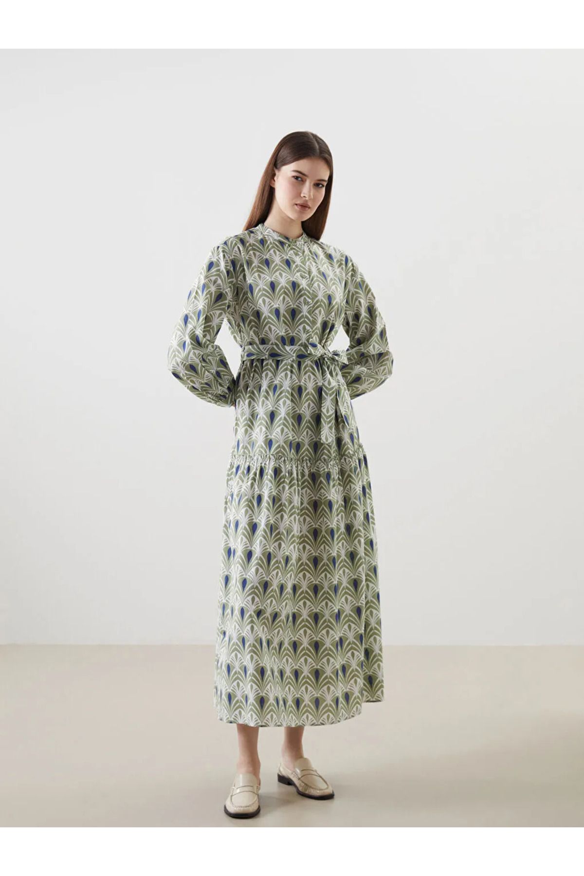 LC Waikiki LCW Modest Yeşil Hakim Yaka Desenli Kadın Elbise